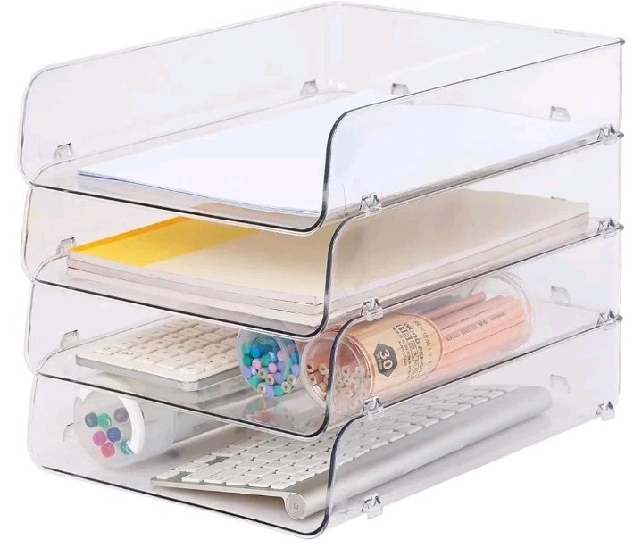4 Pack Paper Organizer for Desk Clear Stackable Sray Office for Notes Pens File
