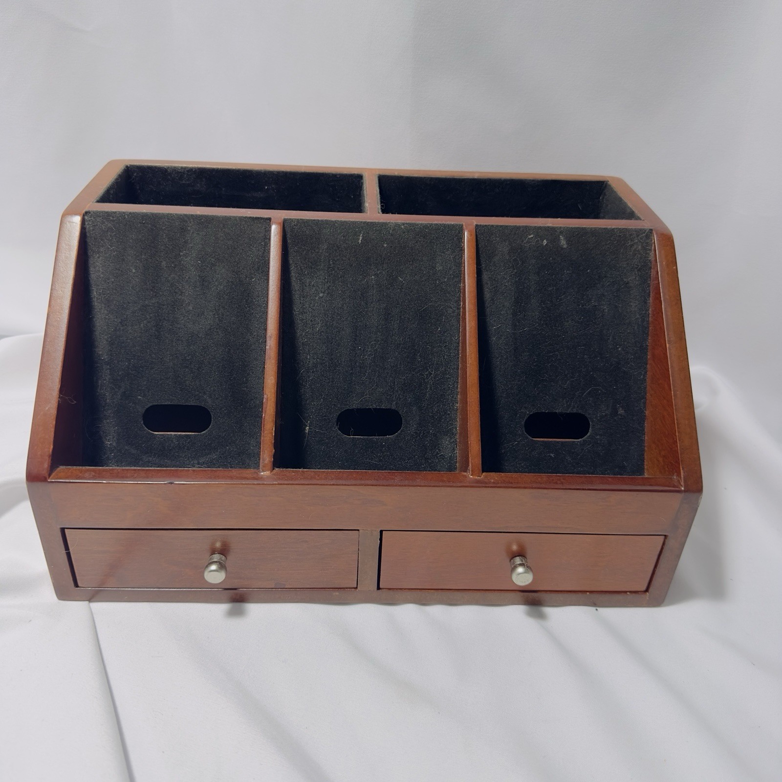 Vtg Wooden Office Desk Top Organizer Stationary 2 Drawer 5 Slots Felt Lined
