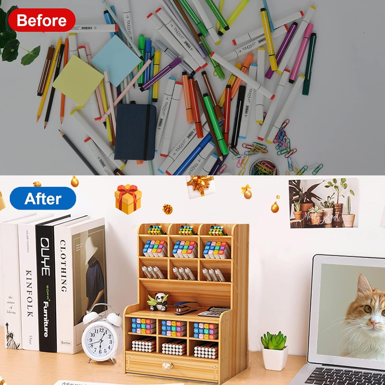 Wooden Desk Stationary Organizer, Multi-Functional Pen Holder, Storage Rack for