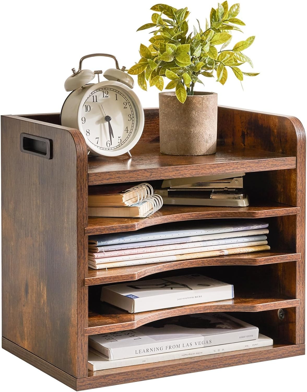 Rustic Brown Adjustable Paper Holder – 5 Tiers with Portable Handle for Offices