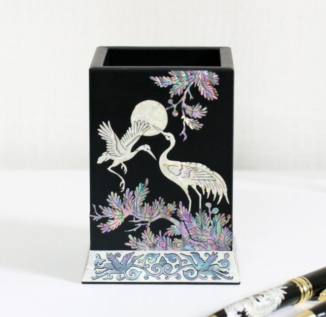 Korean Mother of Pearl Lacquer Pen Holder Handmade Desk Organizer Office Decor