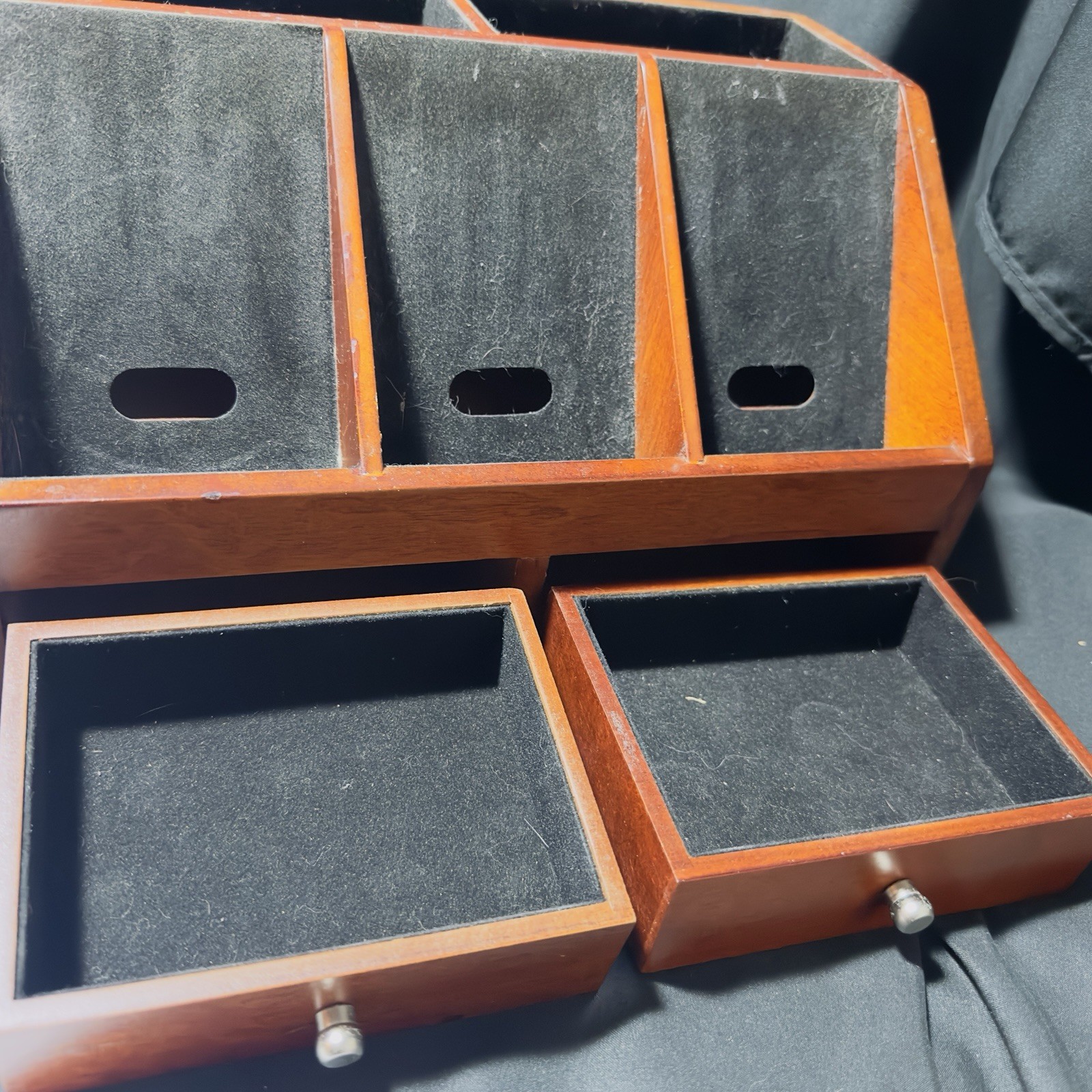 Vtg Wooden Office Desk Top Organizer Stationary 2 Drawer 5 Slots Felt Lined