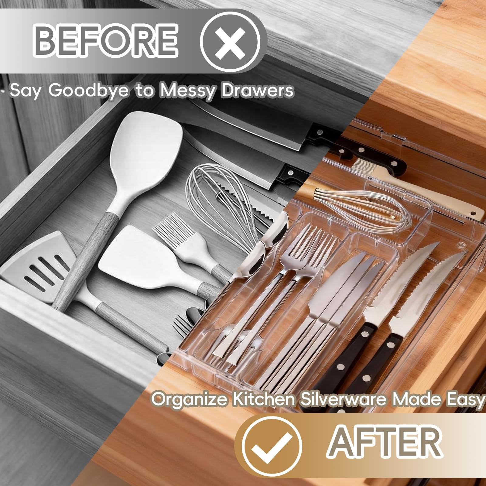 Pesilo Expandable Silverware Organizers for Kitchen Drawer, Clear Transparent