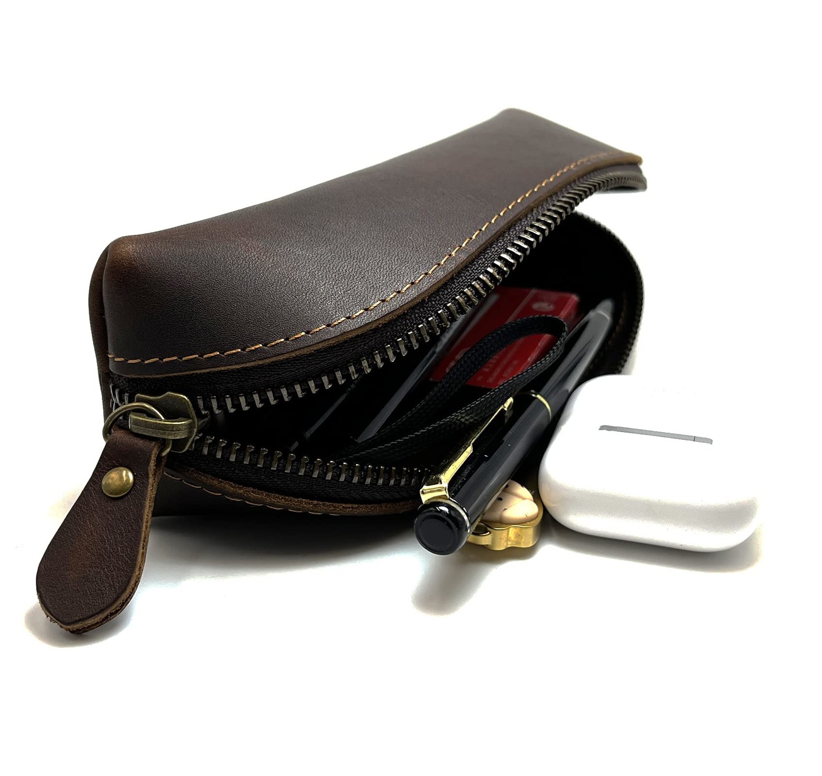 Leather Pen Case Pencil Bag Pouch With Zipper Pen Holders Handmade Genuine Le…