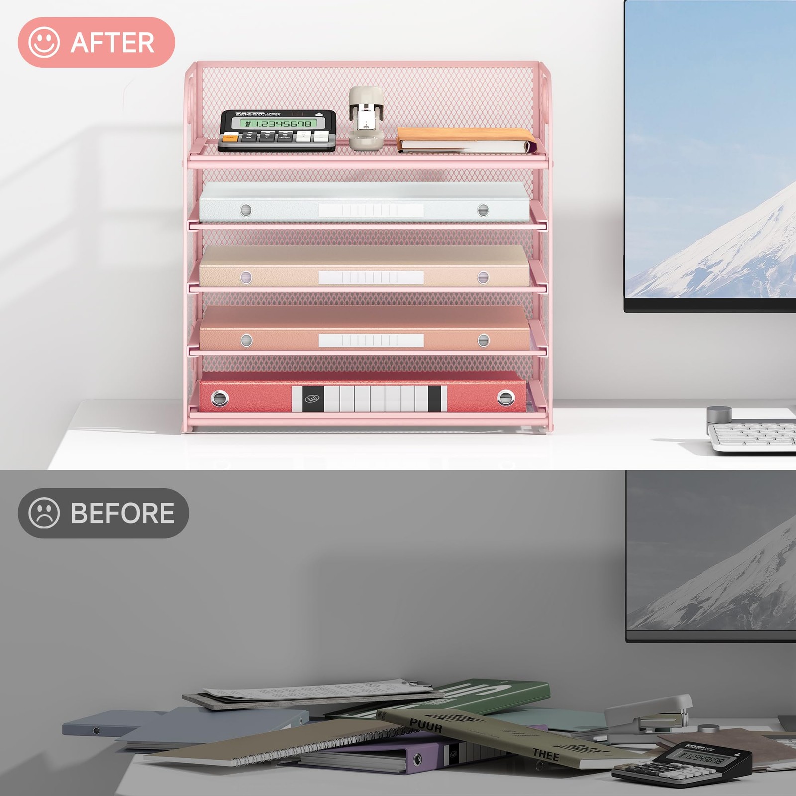 Lavatino Desk Paper Organizer with Handle, 2 Pack 5-Tier Pink Mesh Desk File