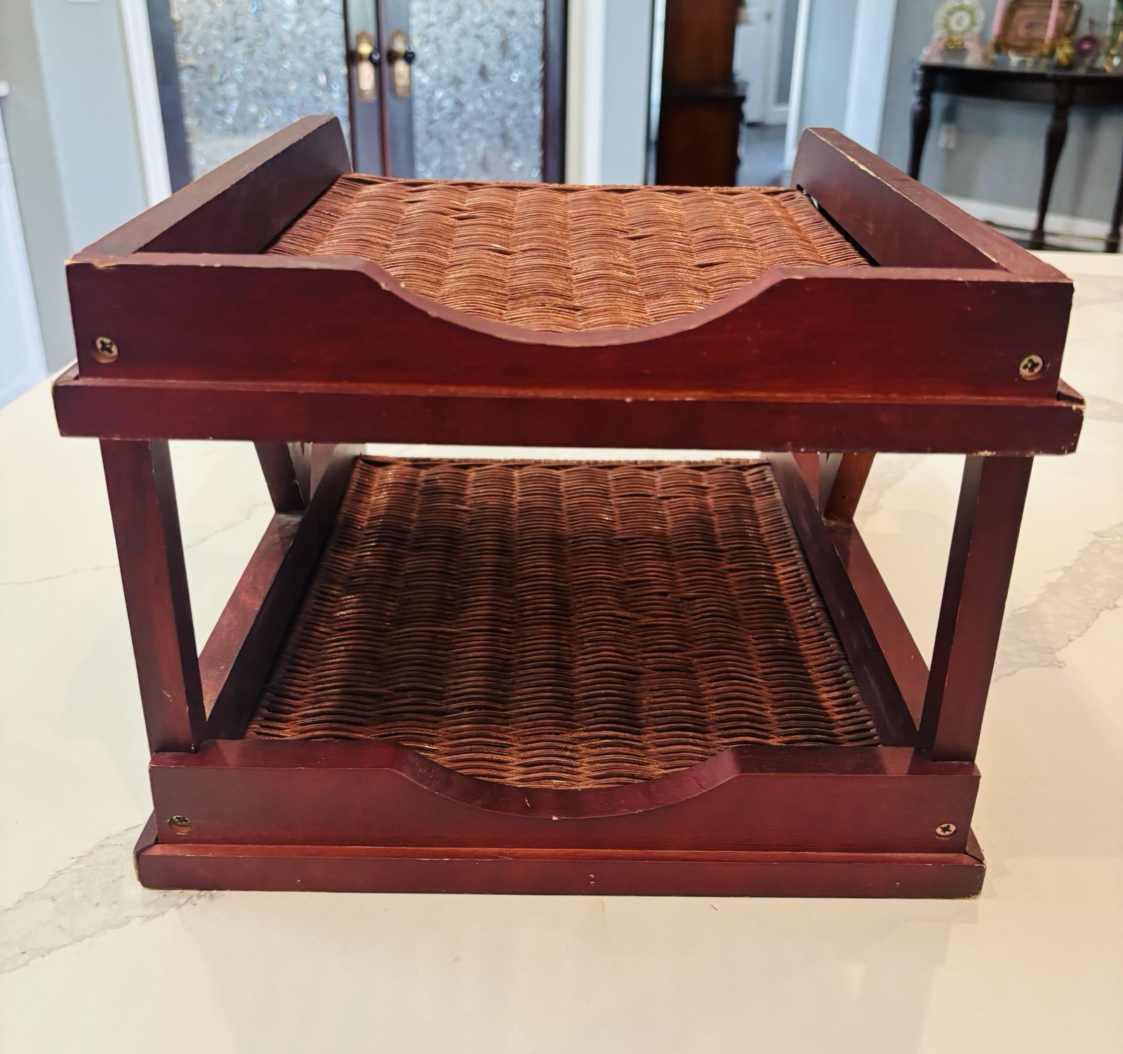 Vintage Wood Letter Tray Desk Organizer Woven Rattan 2 Tier Office Holder 15×11”