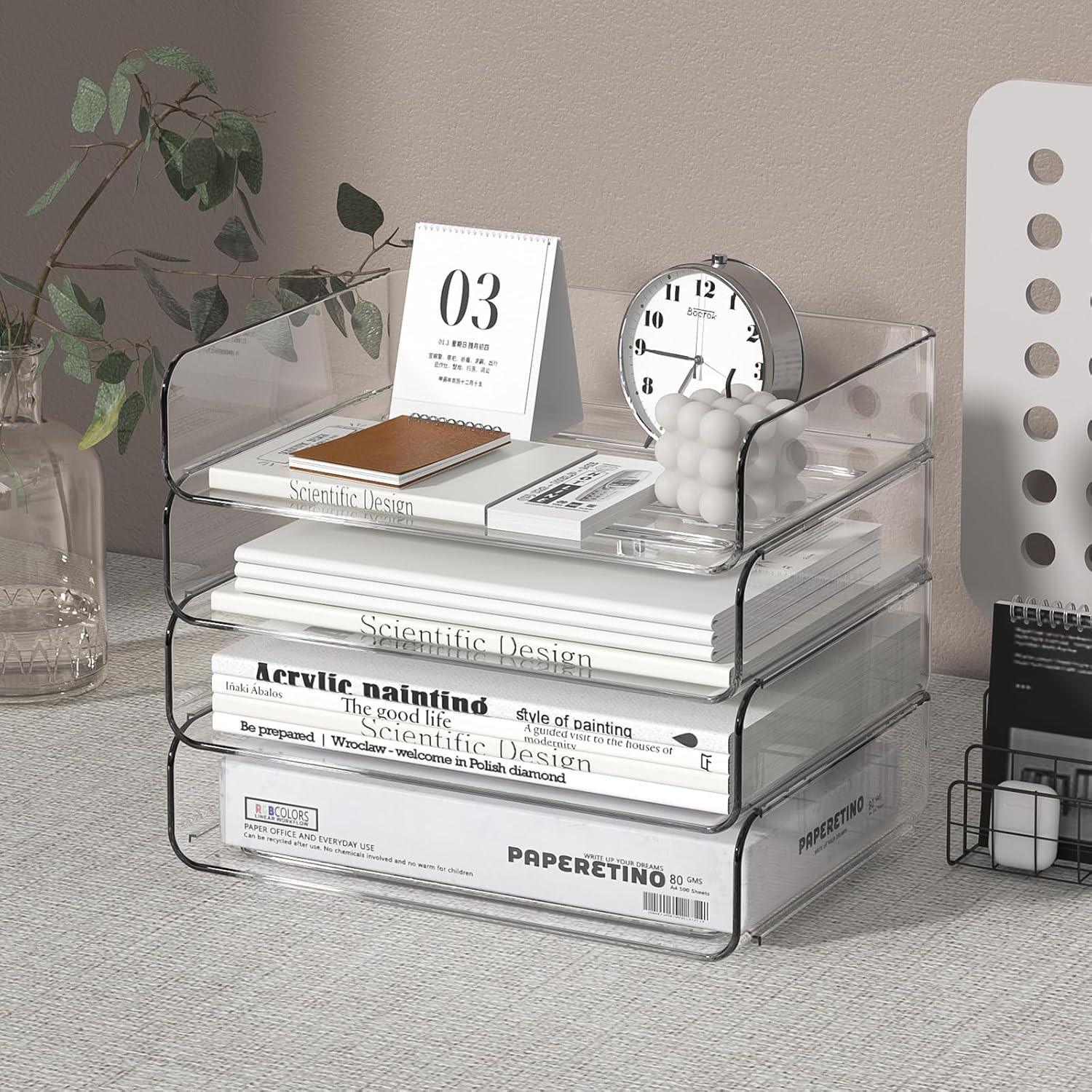 4-Tier Clear Acrylic Paper Tray Organizer Stackable Desk File Sorter