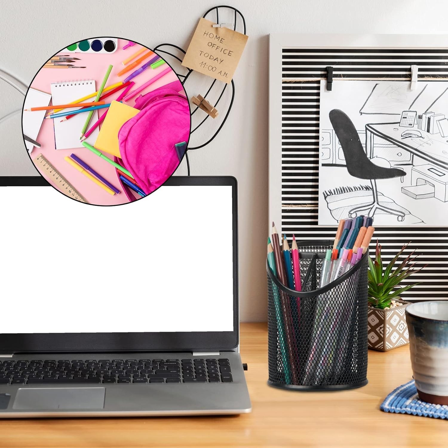 2 Pack Pen Holder Mesh Round Pencil Holder Desktop Organizer 3 Compartments, …