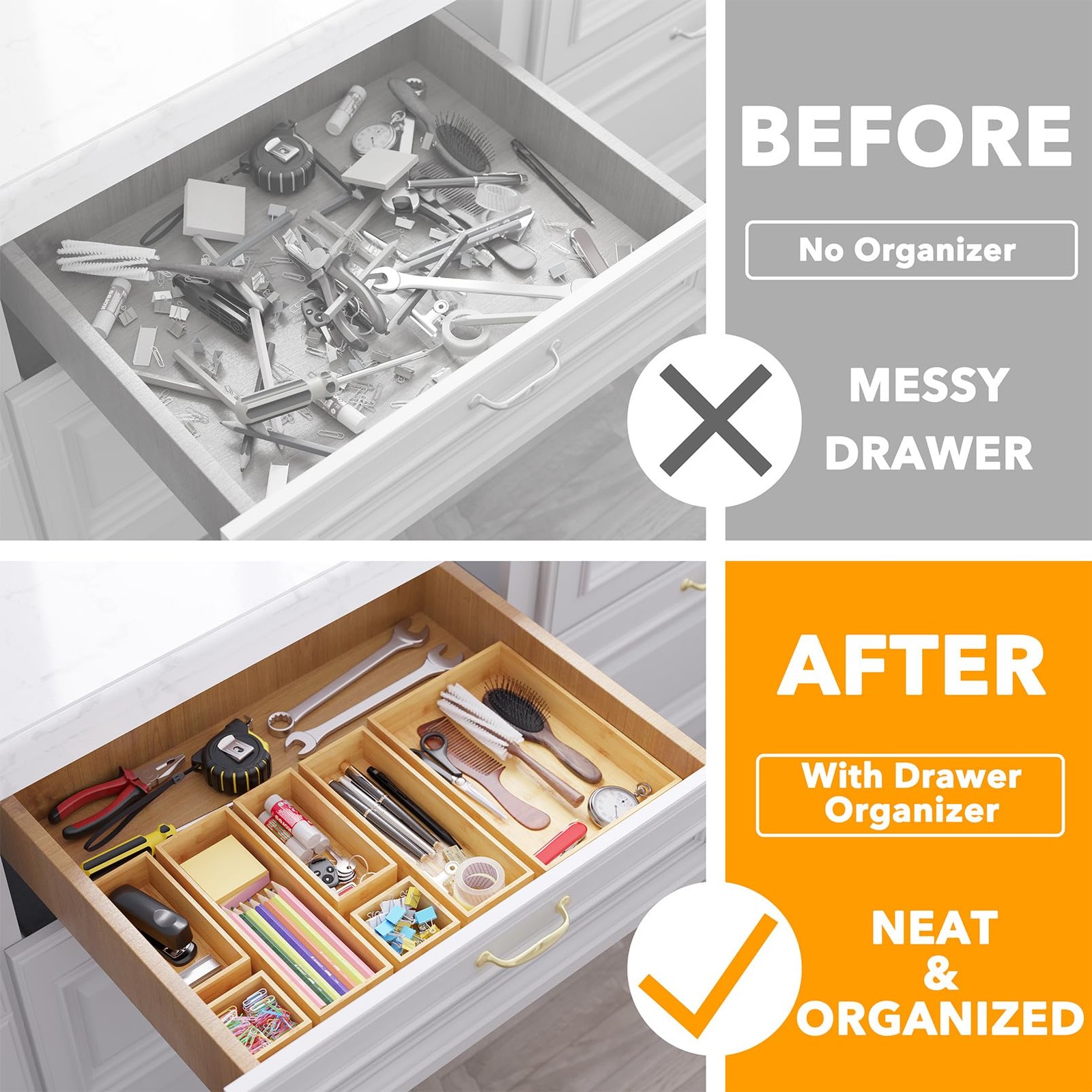 SpaceAid 7-Piece Bamboo Drawer Organizer Storage Boxes Set, 7-Piece, Natural