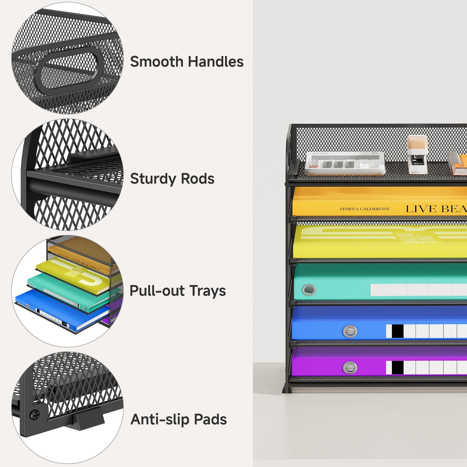Cawukege 6 Tier Paper Organizer, Black Letter Tray with Handle, Mesh Desk Org
