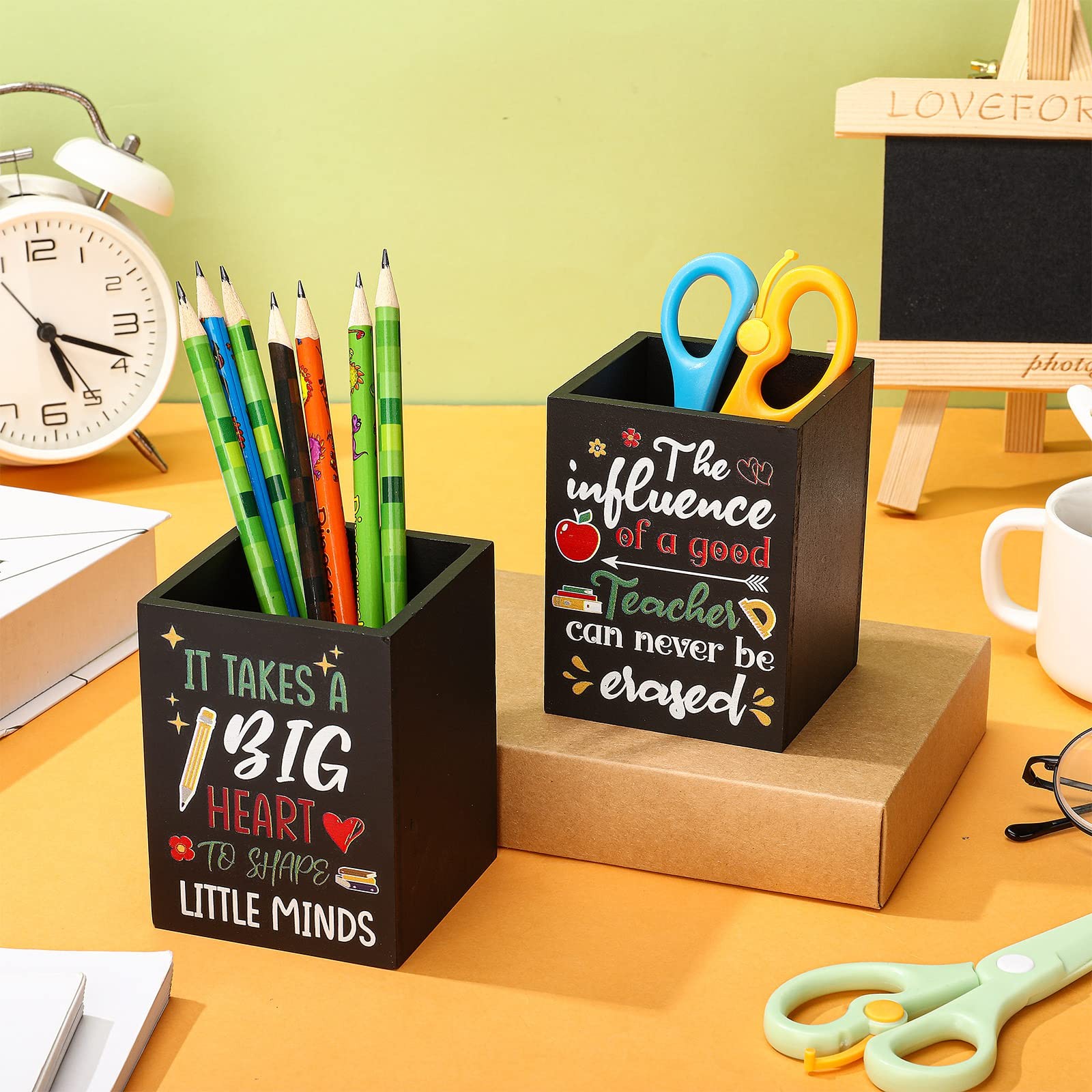 Teling 2 Pcs Teacher Wooden Pencil Holder for Desk Desktop Organize Black