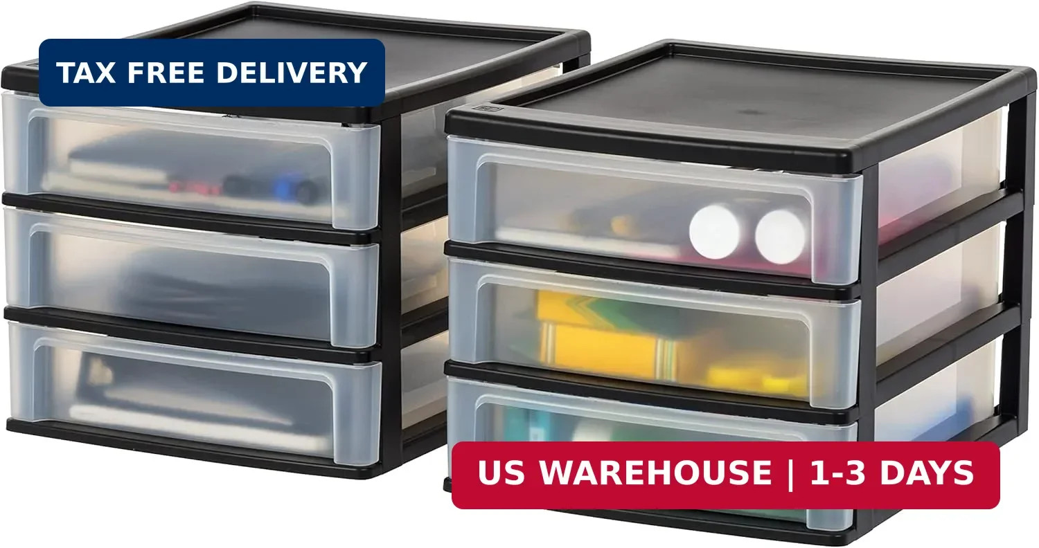 IRIS USA Plastic Stacking Desk Top 3-Drawer Storage Organizer, 2-Pack, for Makeu