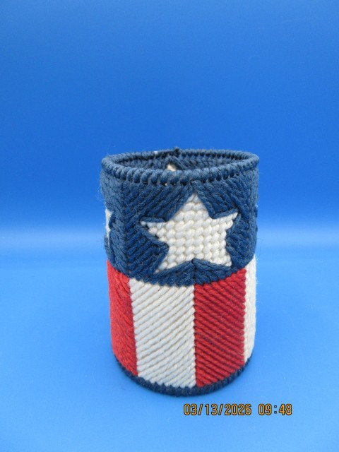 Pencil Holder Home Made Plastic Canvas Red White & Blue with Stars