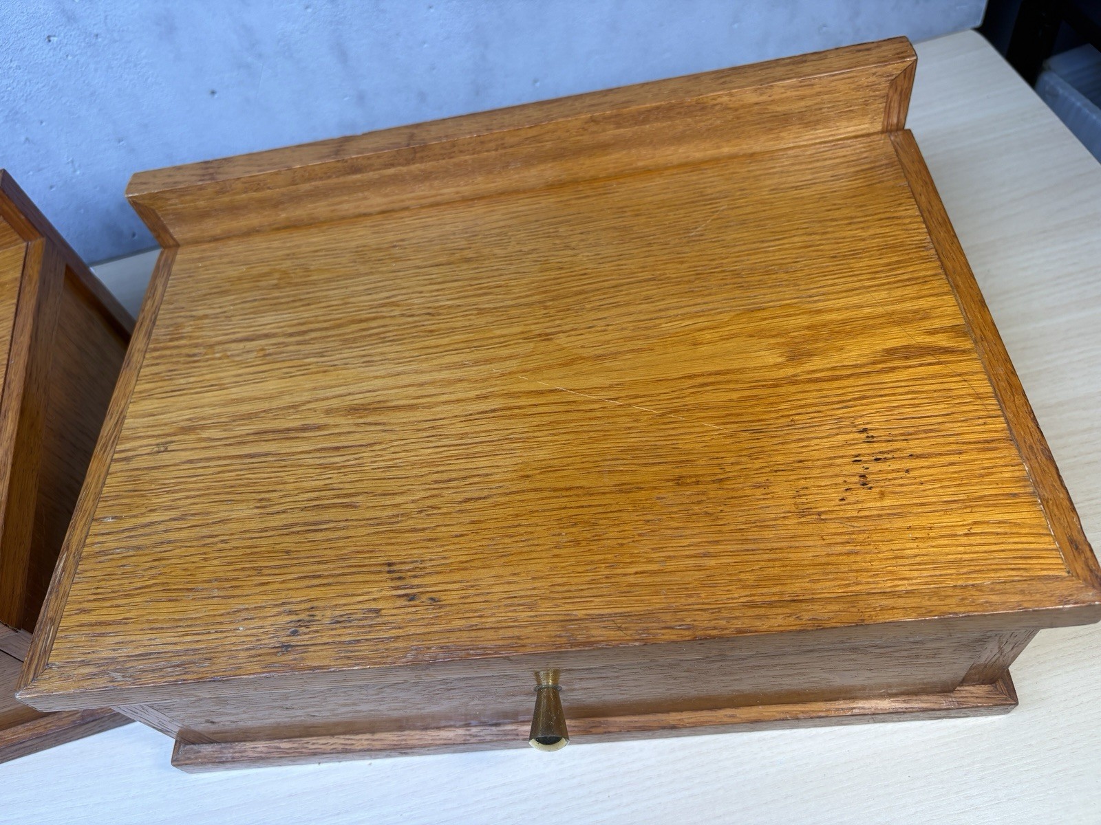 2 Vintage Scandinavian-style wooden shelf small desk organizer Brass Knob Oak