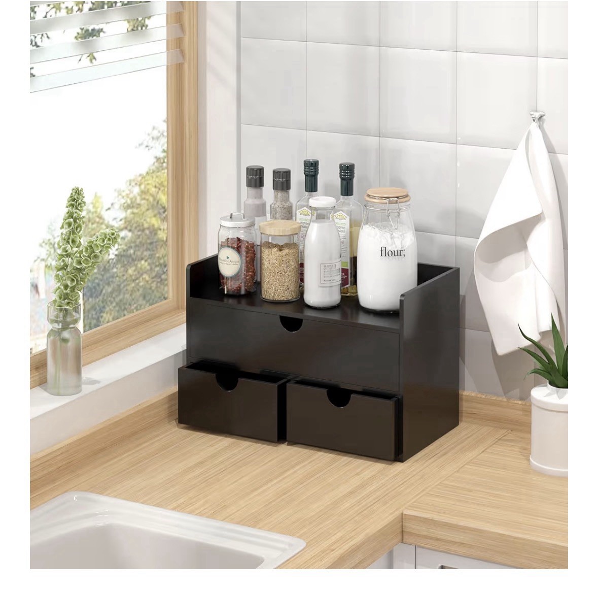 Bamboo Desk Organizer with Drawers Desktop Storage Drawers for Bills Office