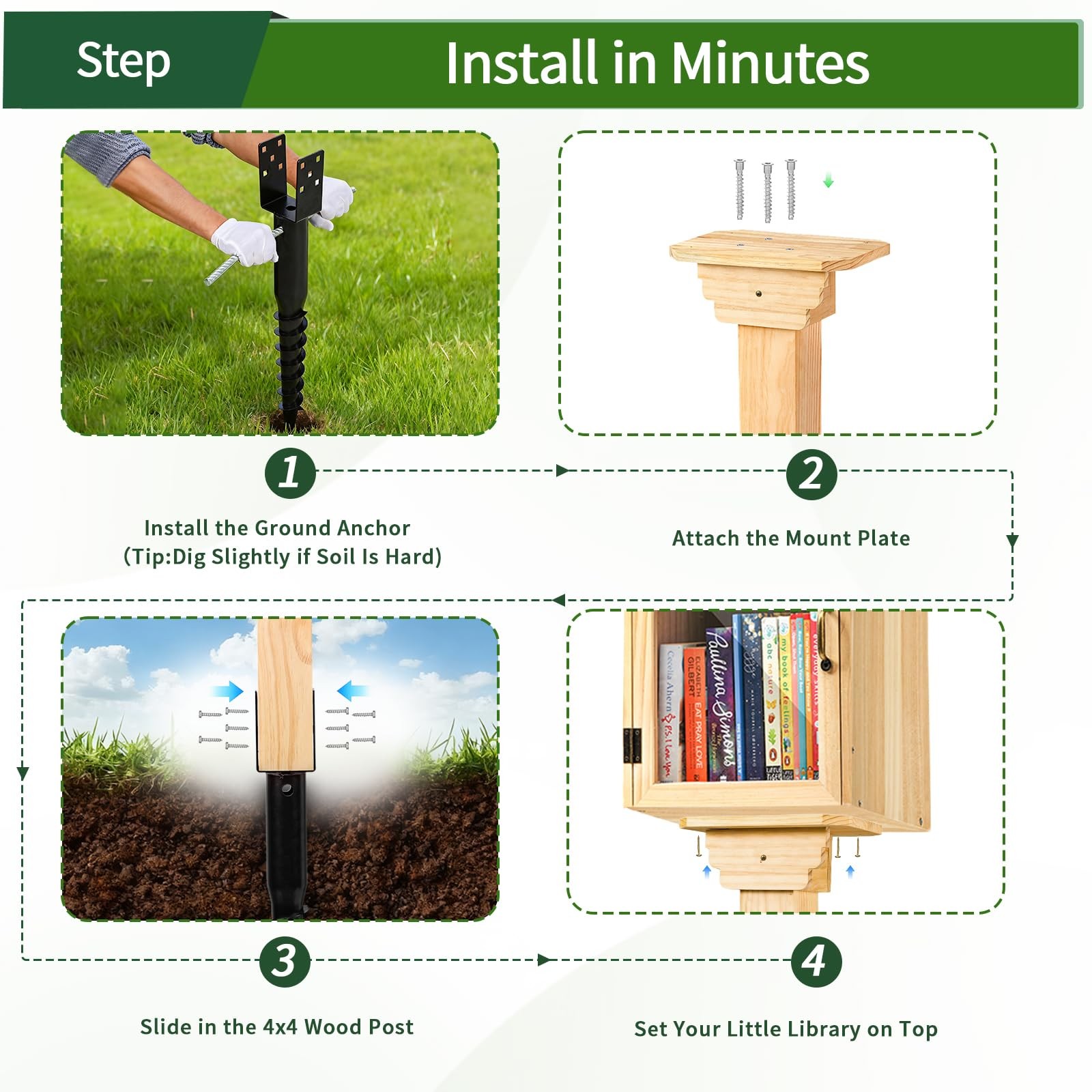 Little Library Mount Kit with No-Dig Ground Anchor, 4x4x31.5″ Solid Wood Post…