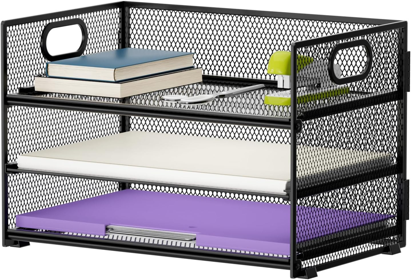 Marbrasse 3 Tier Paper Organizer Letter Tray, Mesh File Organizer with Handle, P