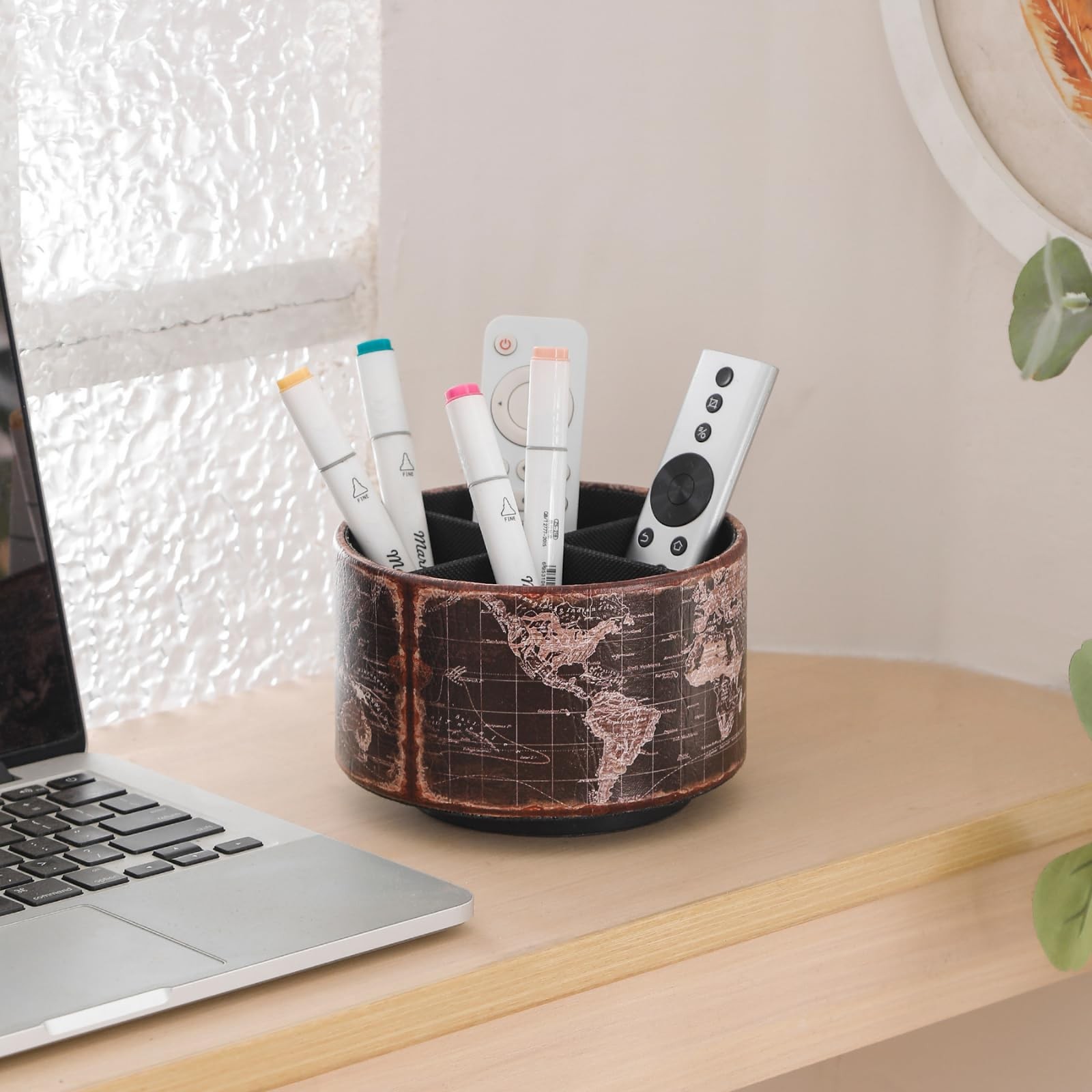 Vintage World Map Remote Control Holder, 360 Degree Rotating Desk Organizer a…