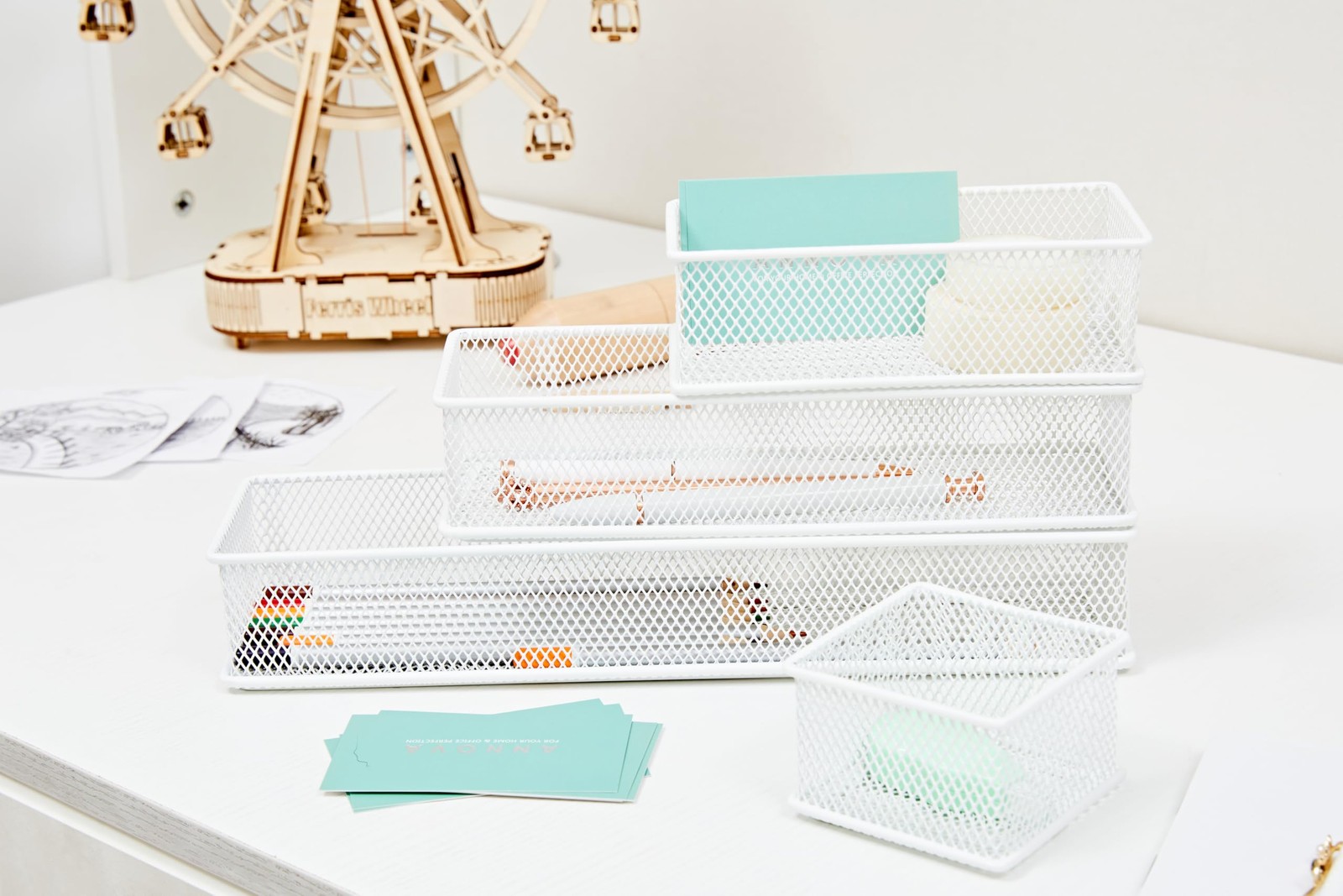 Mesh Stackable Drawer Shelf Organizer Bins Tray White 2 Pack 3x6x2 Inch