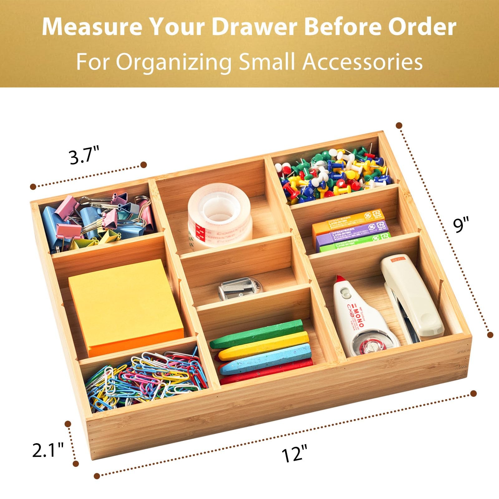 Umilife Bamboo Desk Drawer Organizer, Wood Junk Organizer Tray with Adjustabl…