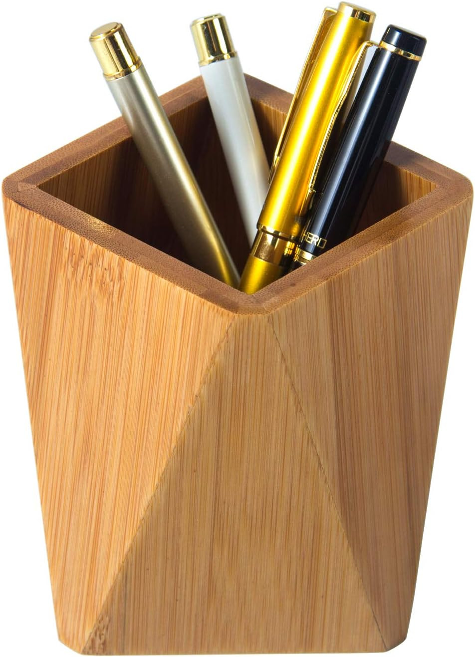 Bamboo Wood Pen Holder Stand for Desk Geometric Pencil Cup Pot Cute Desktop Offi
