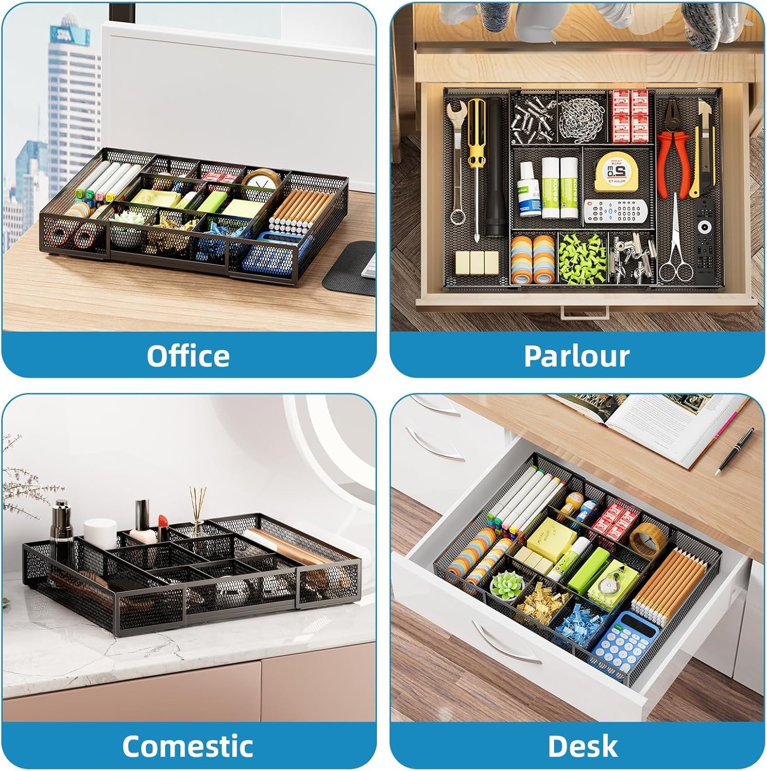 Expandable Desk Drawer Organizer Mesh Drawer Organizer Tray W/ 10 Adjustable