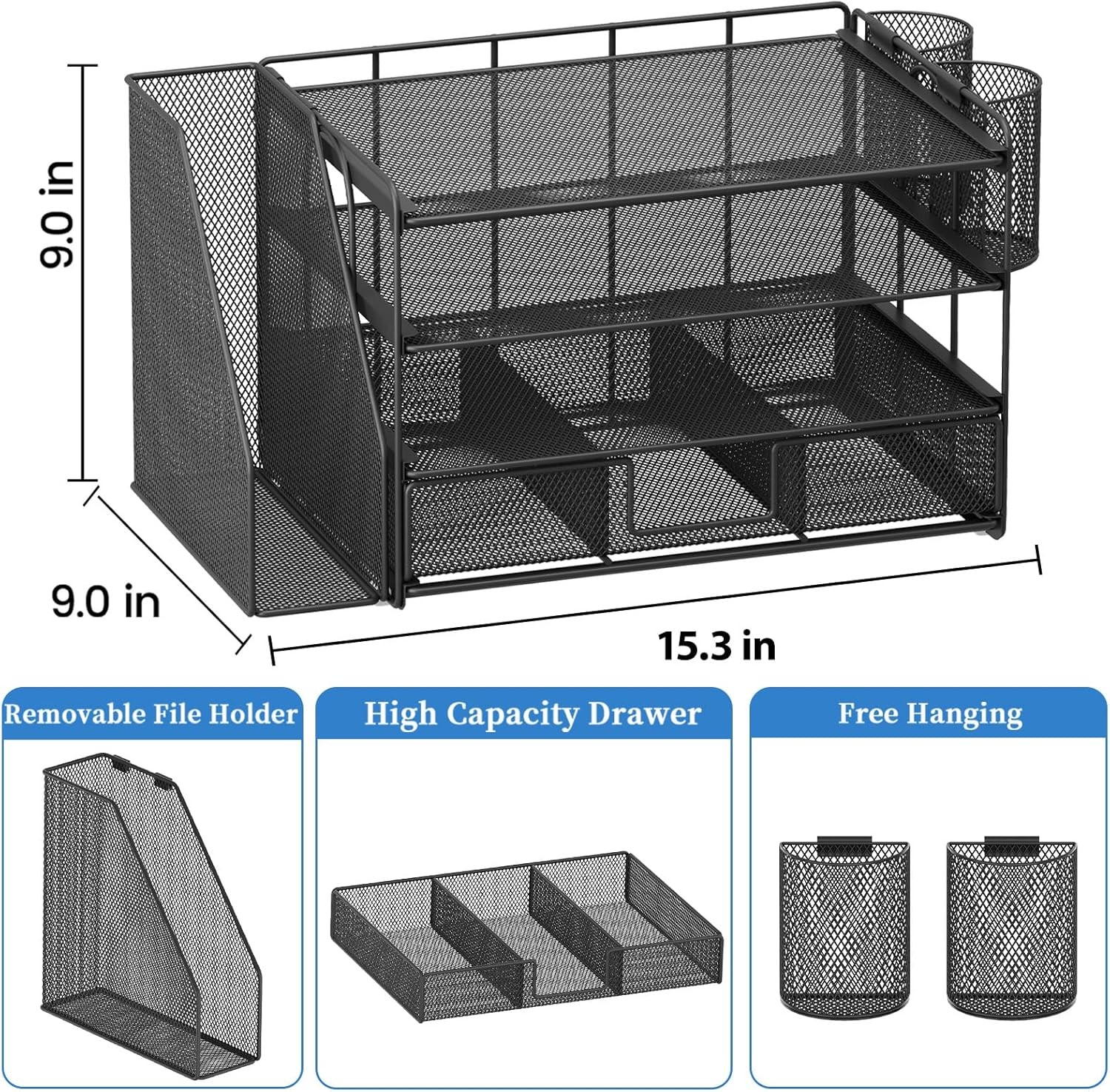 4-Tier Desk Organizer with Drawer & Pen Holders – Office Supplies (Black)