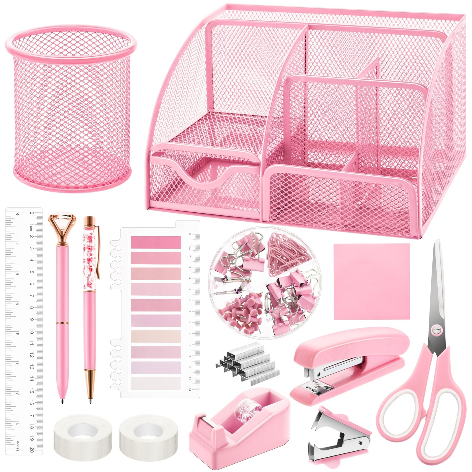 11 Pcs Pink Office Supplies Set Mesh Desk Organizer Accessories Kit include S…
