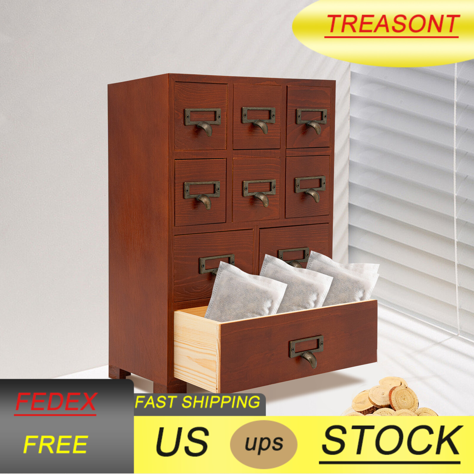 Dark Brown Retro Pine Wood Iron 9 Drawer Rectangular Storage Box Tabletop