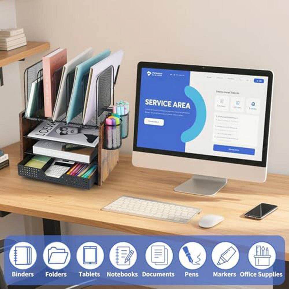 4-Tier Mesh Wood Desktop Organizer Shelf Vertical File Holder with Drawer and Pe