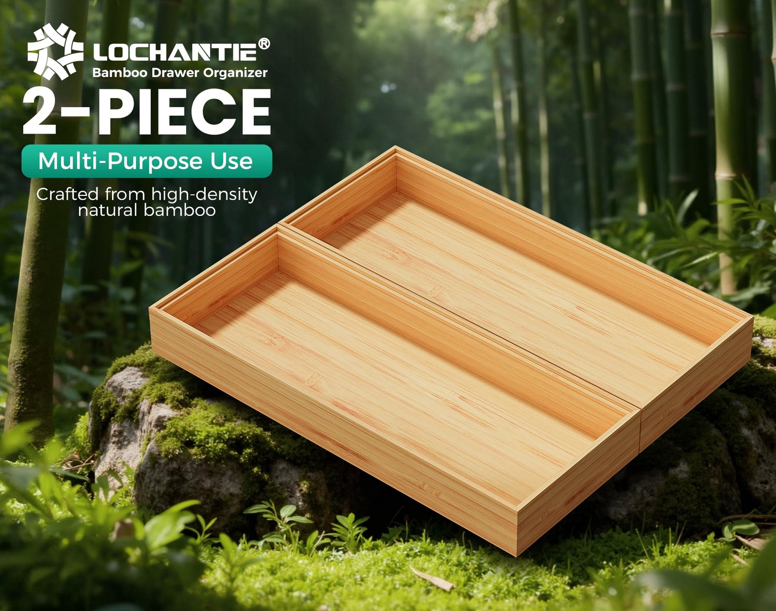 Bamboo Kitchen Drawer Organizer Set of 2, Stackable 15″ x 6″ x 2″,