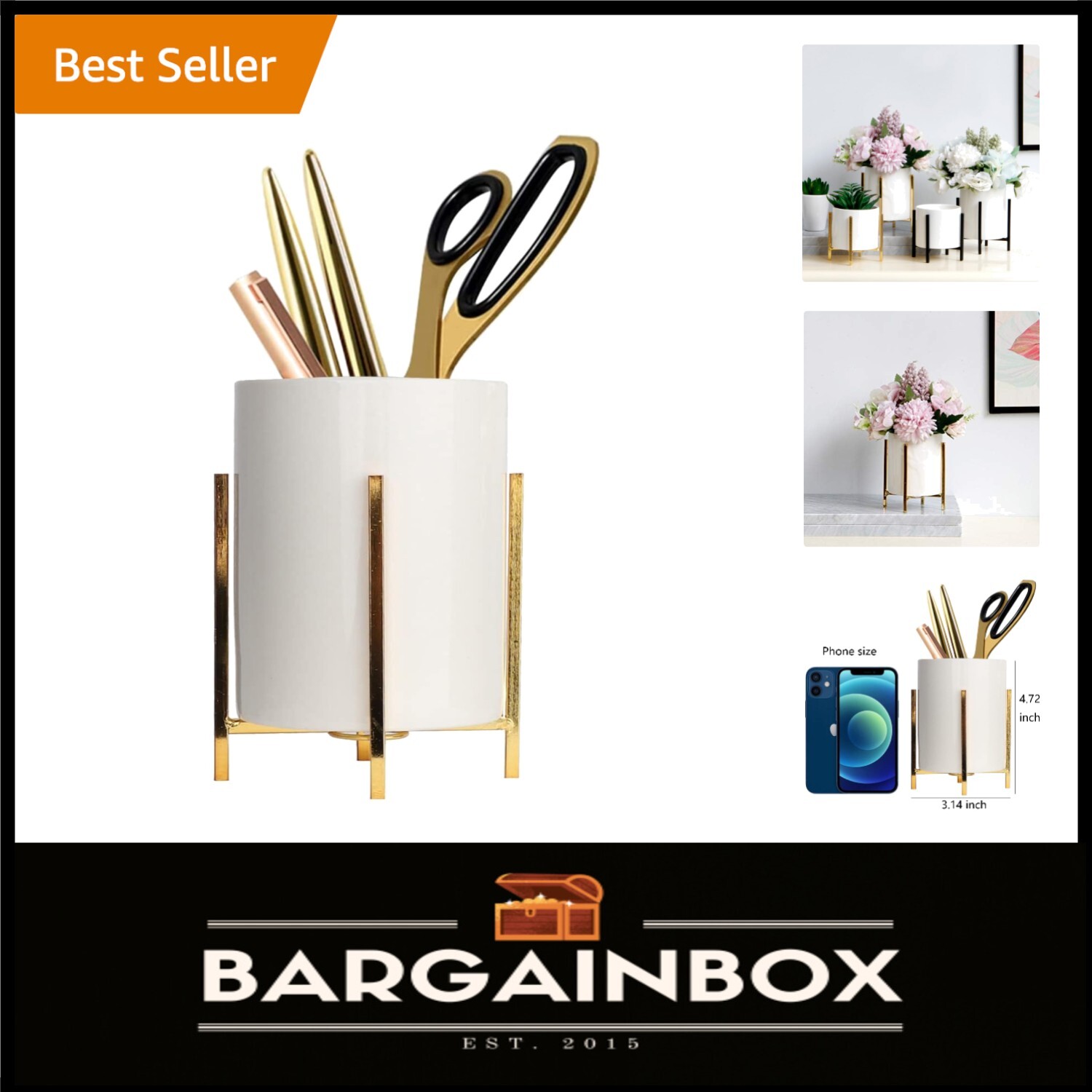 Sophisticated Rectangular Gold Pencil Cup with 360° Rotation – Ideal Gift