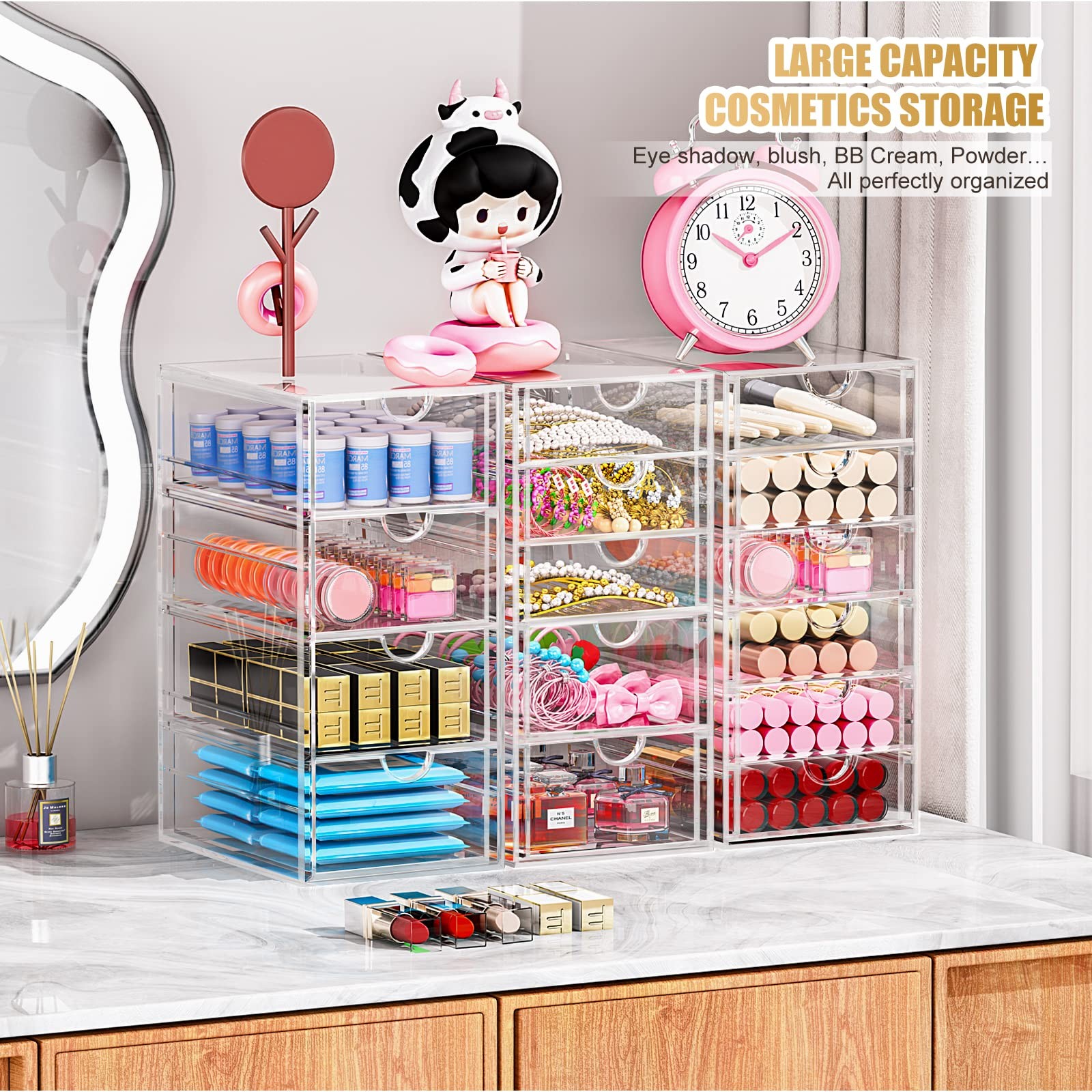 Acrylic 3 Pack Desk Organizers and Accessories, Makeup 15 Drawers, Clear