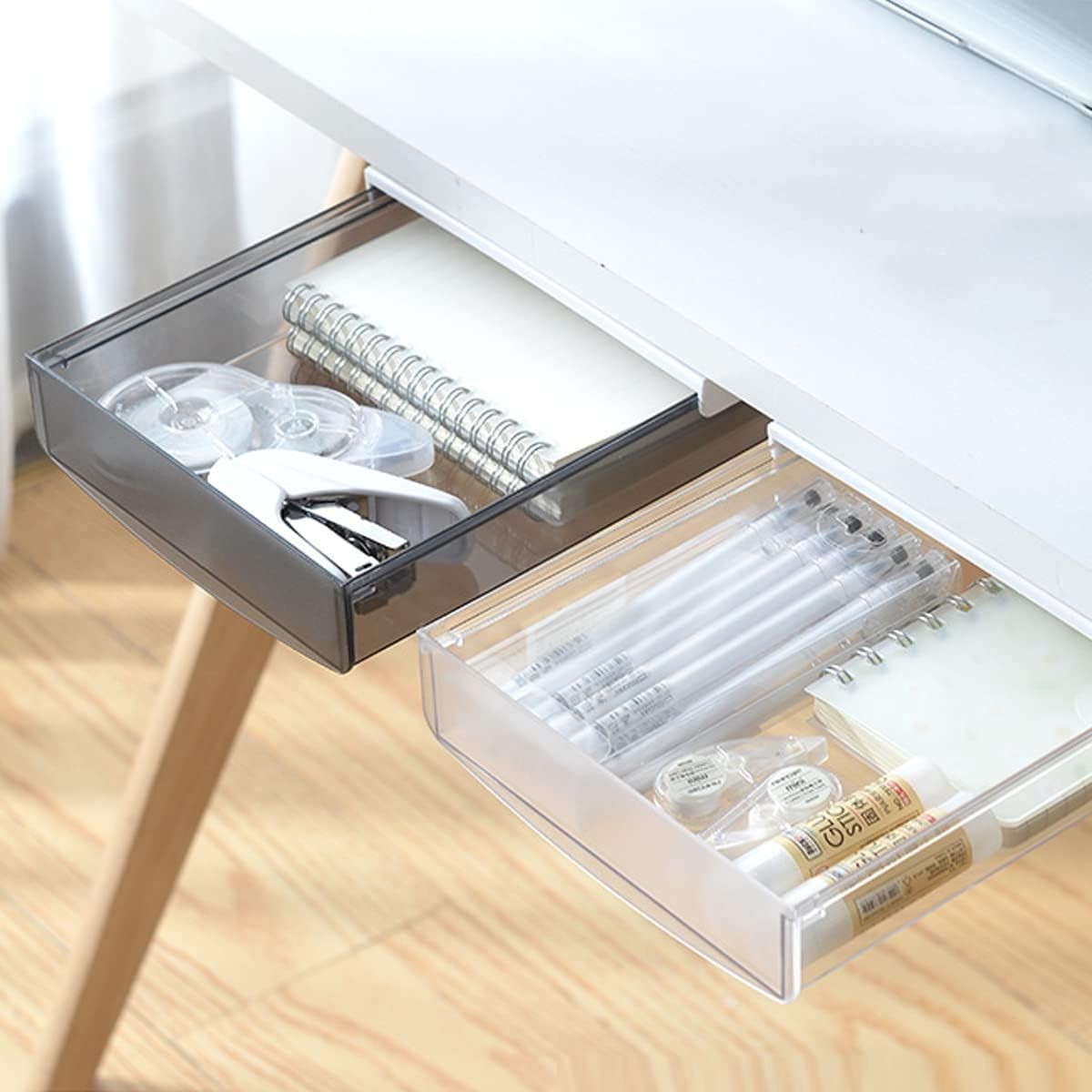 Self-adhesive Under Desk Drawer Organizer, 2 Pack Table Hidden Slide Out Larg…