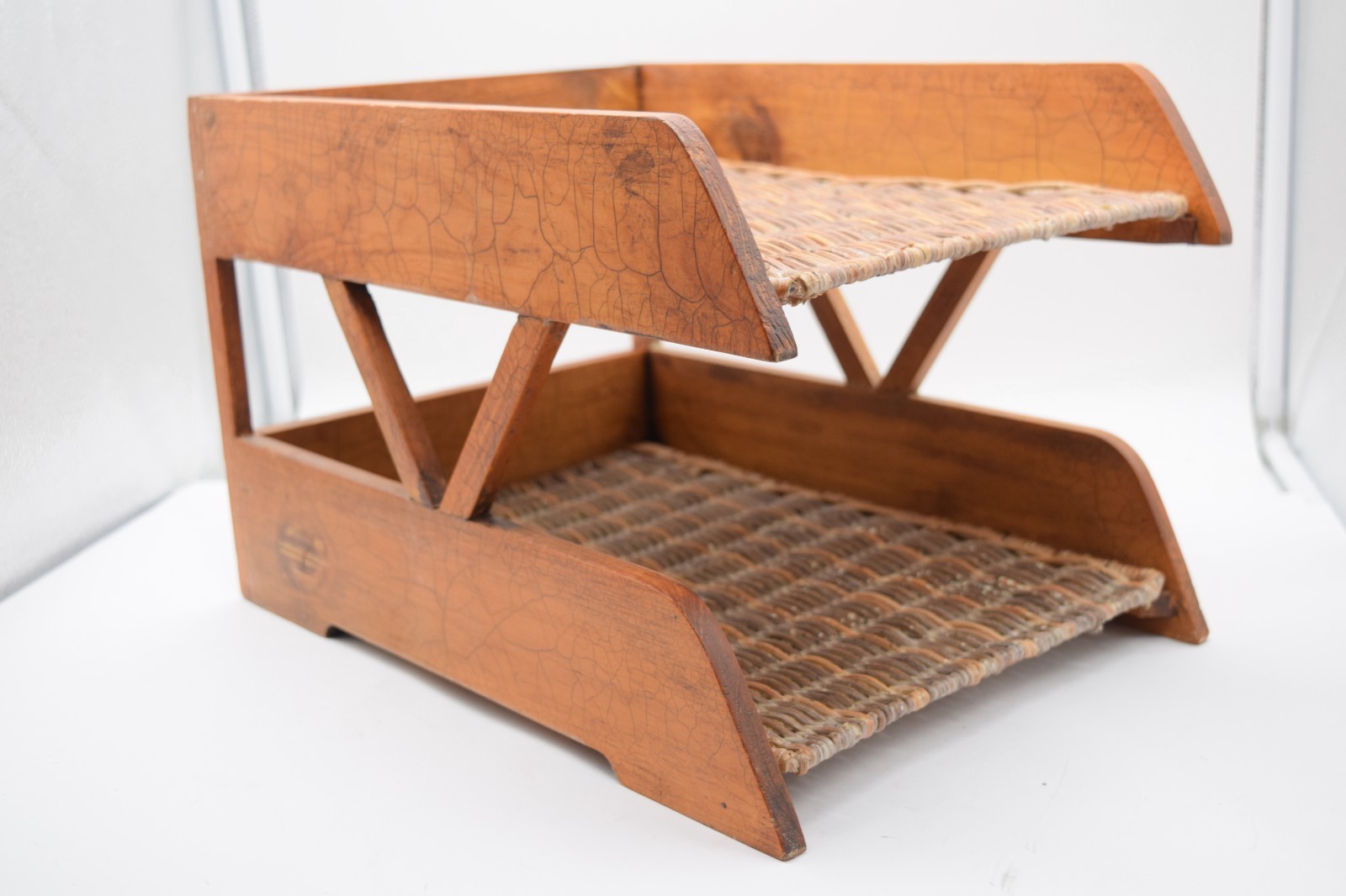 Vintage Wood Letter Tray Desk Organizer Woven Rattan 2 Tier Office Holder