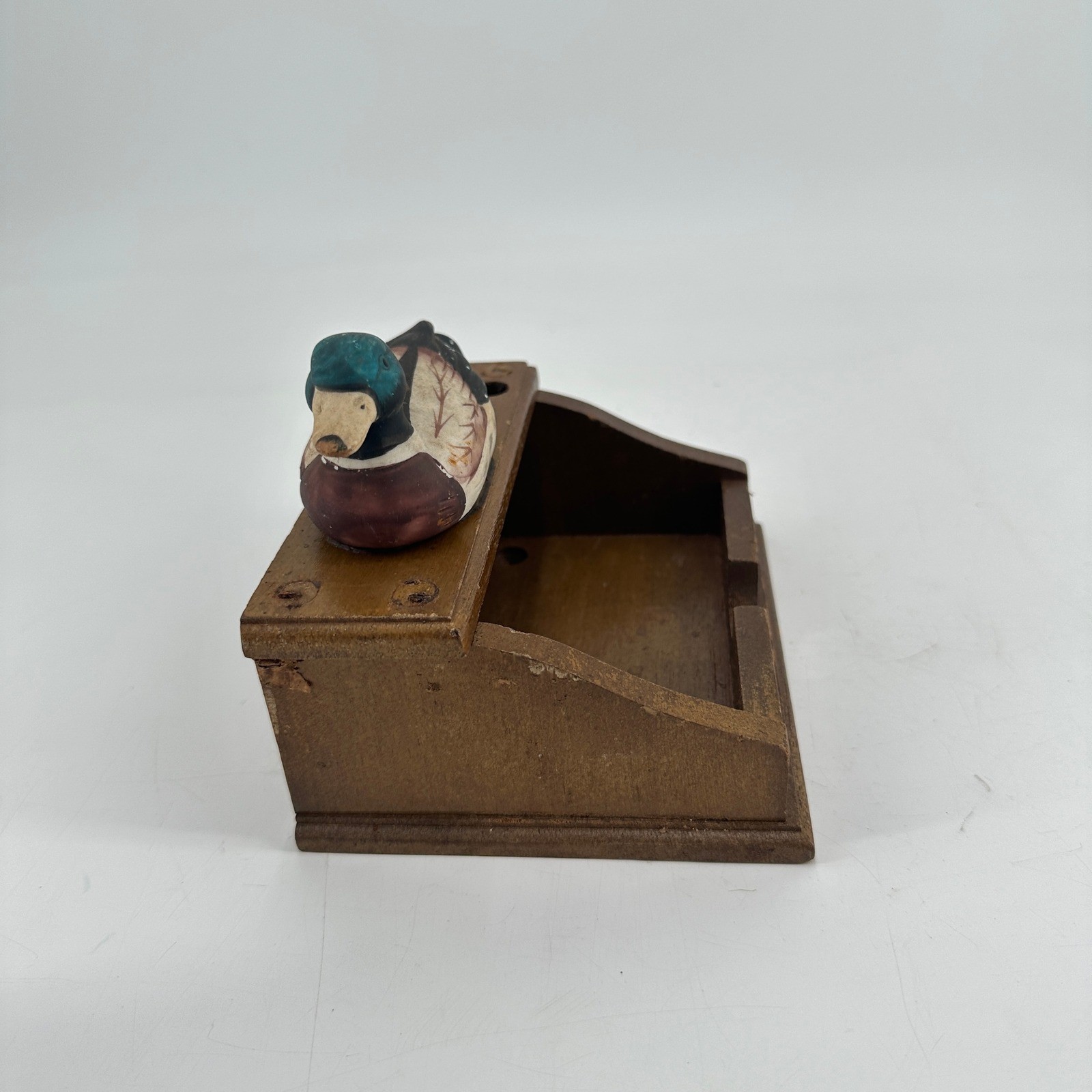 Vintage Wooden Mallard Duck Desk Organizer Pen Holder Sticky Note Caddy Rustic