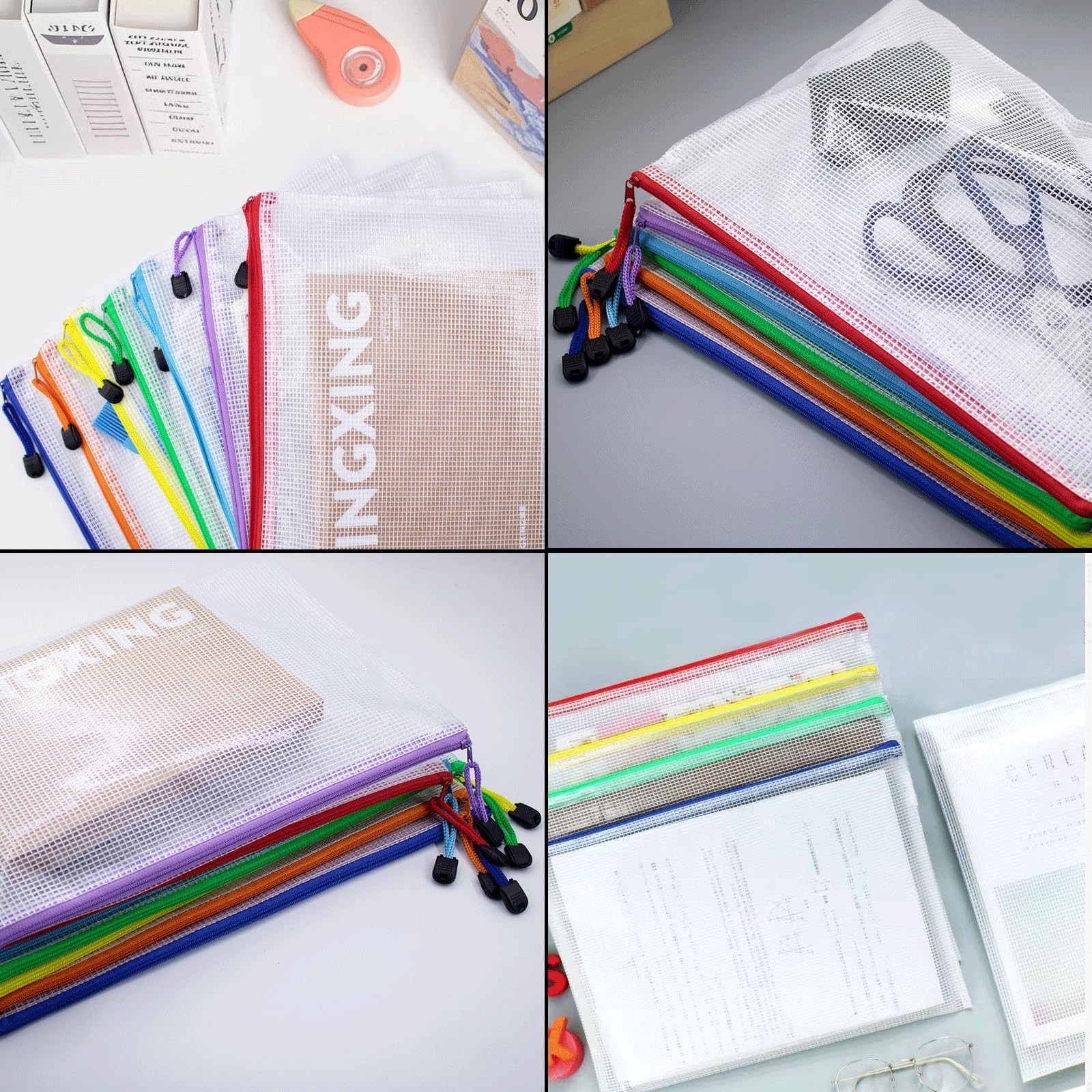 24 PCS Mesh Zipper Pouch Bags A4 Waterproof Plastic Storage Document Folders