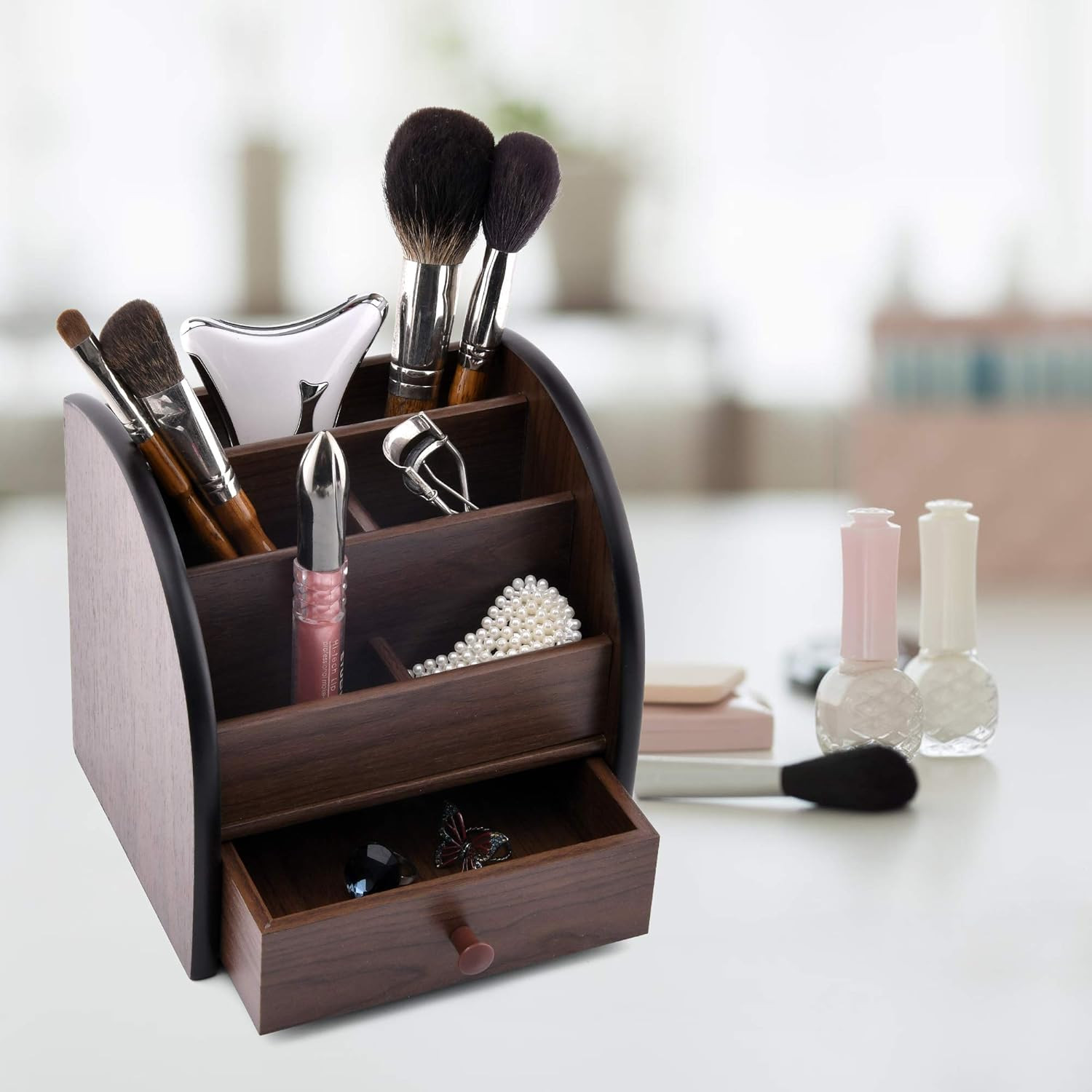 Wooden Desktop Organizer with Drawer Multifunctional Office Supply Storage –
