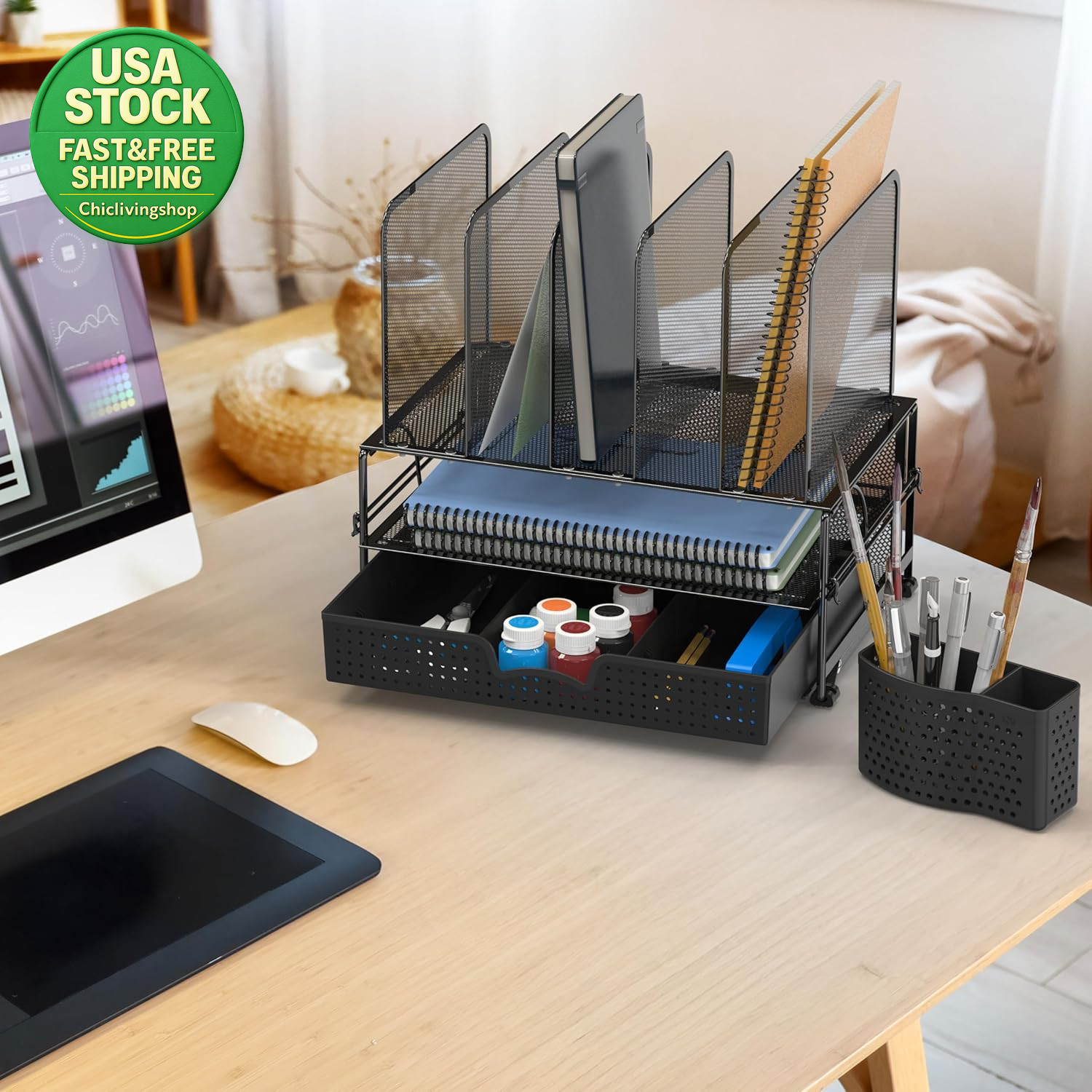 Mesh Desk Organizer Sliding Drawer Double Tray 5 Upright Sections Black