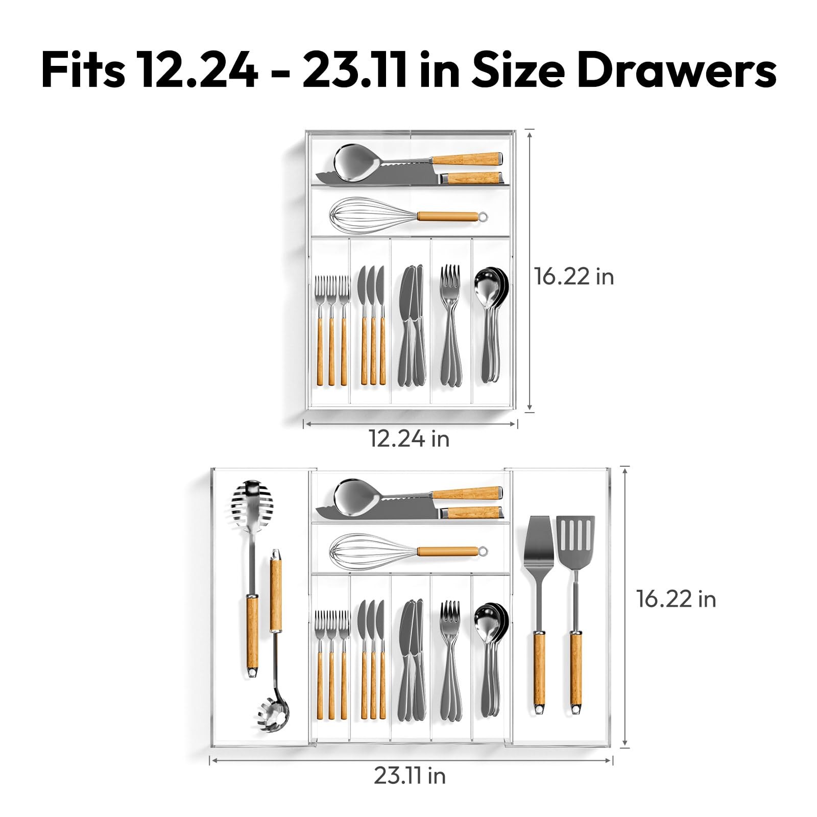NIUBEE Expandable Kitchen Drawer Organizer 17×16.3×2.7 inch, Acrylic Clear