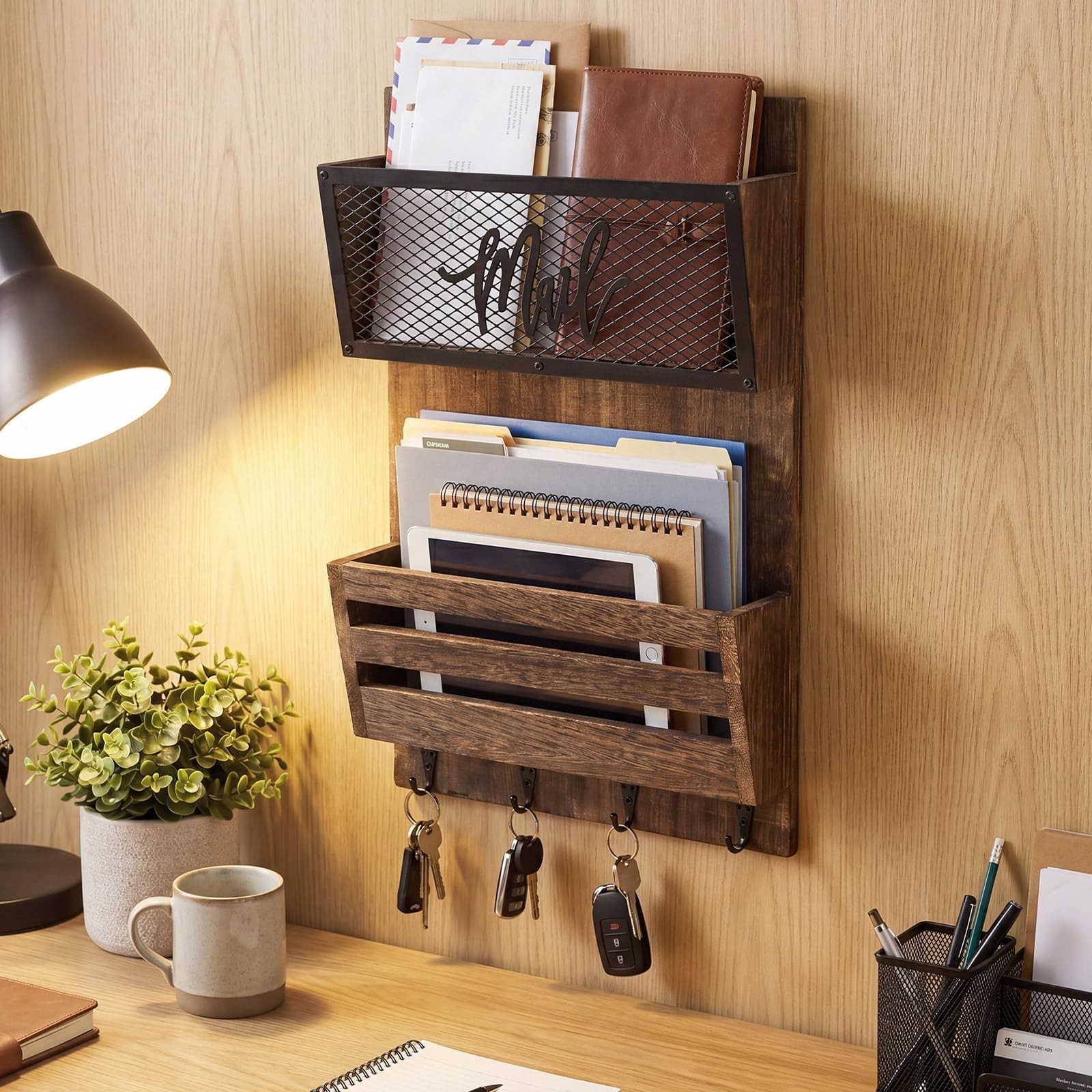 Mail Organizer Wall Mount with Key Hooks, 2-Slot Wood Mail and Key Holder, Ru…