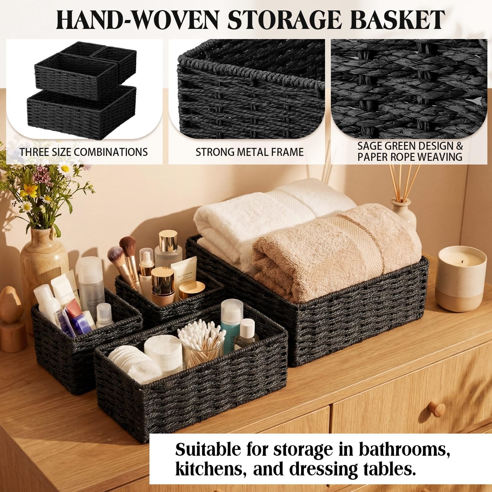 4 PCS Black Storage Baskets Rustic Paper Rope Woven Bin Decor 3 Sizes Set Home