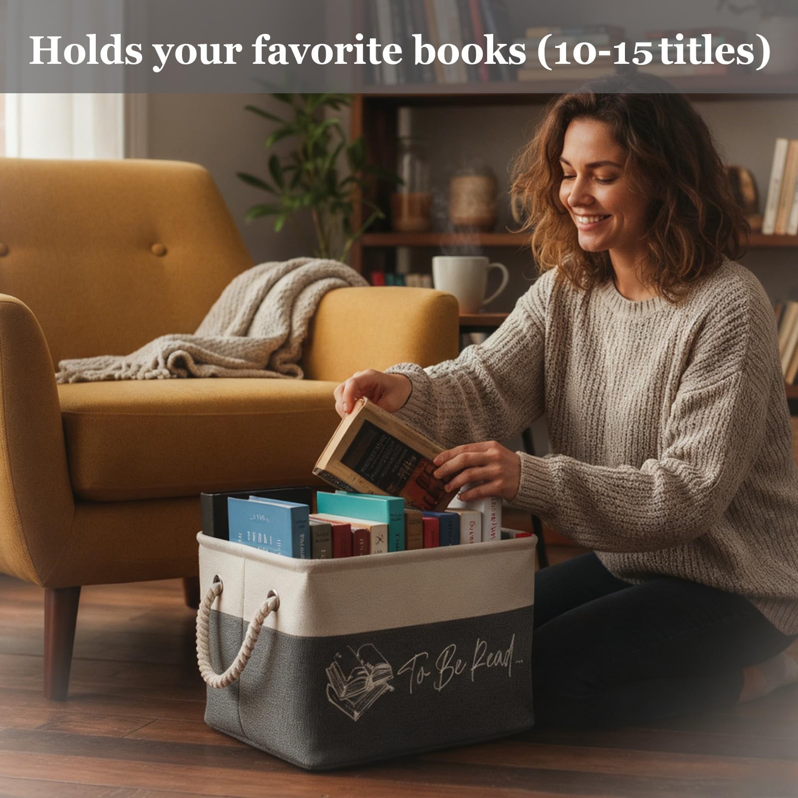 Book Storage Basket, TBR Fabric Bin with Rope Handles, To Be Read Book Organi…
