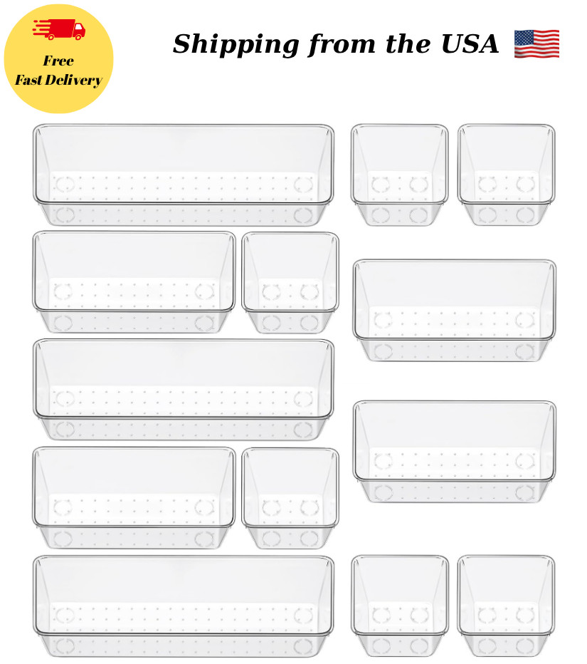 12PCS Clear Drawer Organizer Tray Set Plastic Storage Bins Desk Kitchen Bathroom