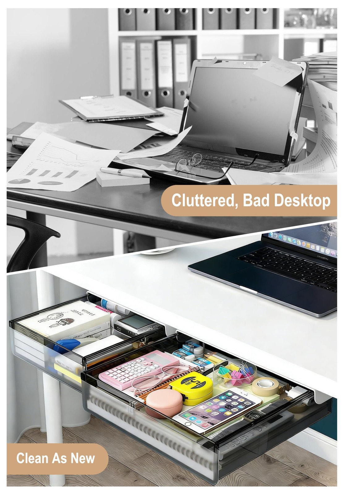 Under Desk Drawer Set of 2, Smooth Slide-Out Storage (Medium/Small), Thick PE…
