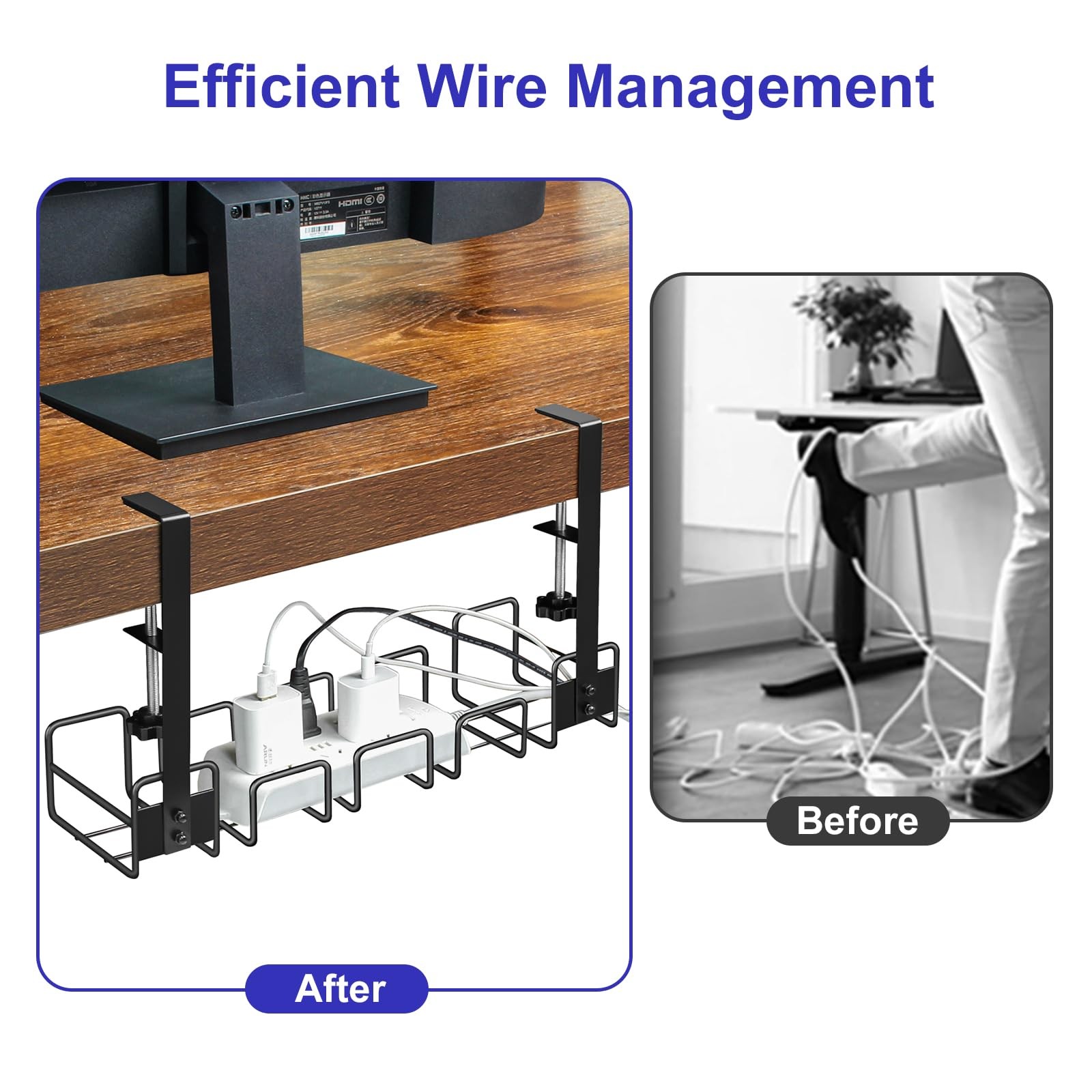 OneLeaf Under Desk Cable Management Tray – No Drill 1 Pack – Medium, Black