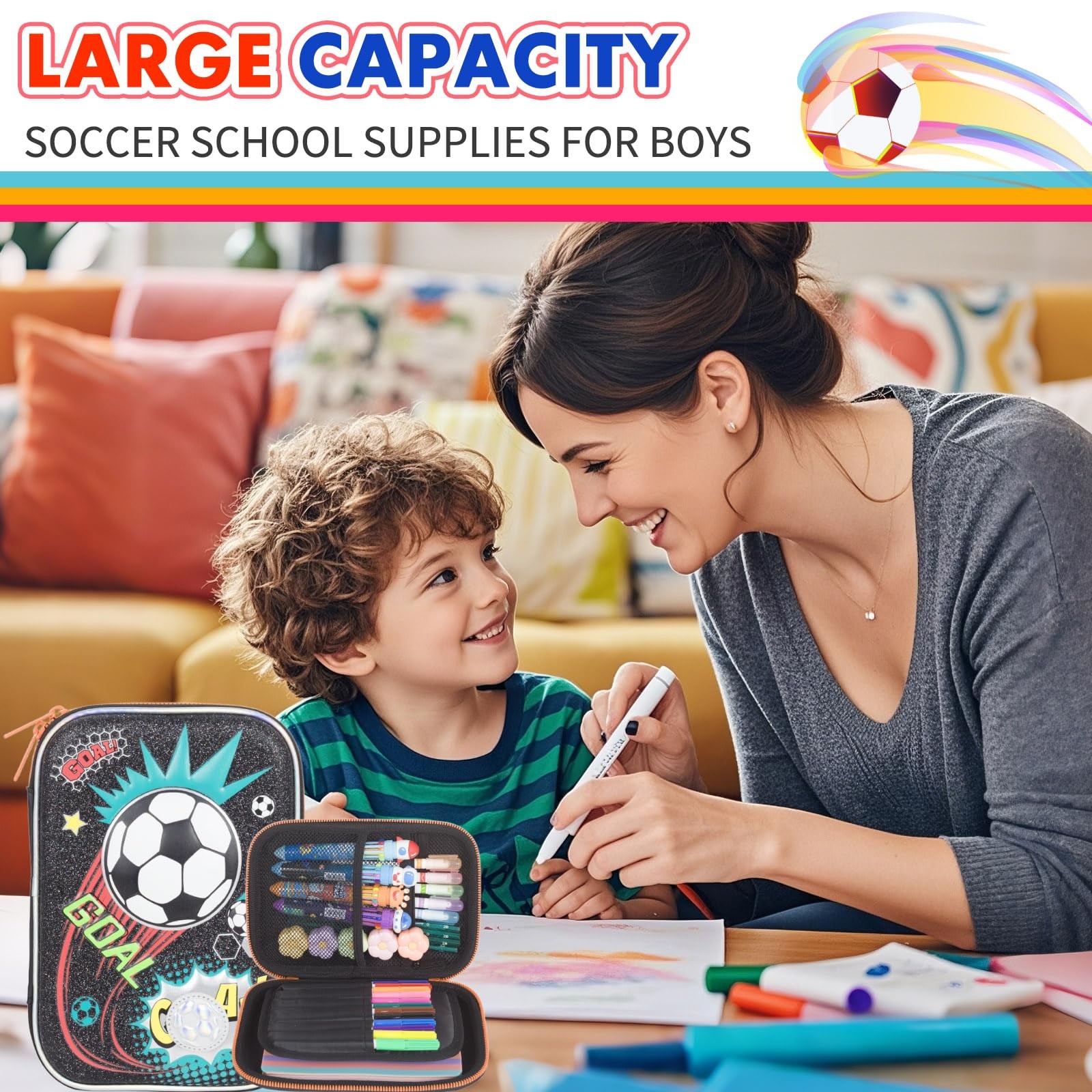 YOYTOO Soccer Pencil Case Stationery Set for Boys, 3D EVA Big Capacity Cute P…