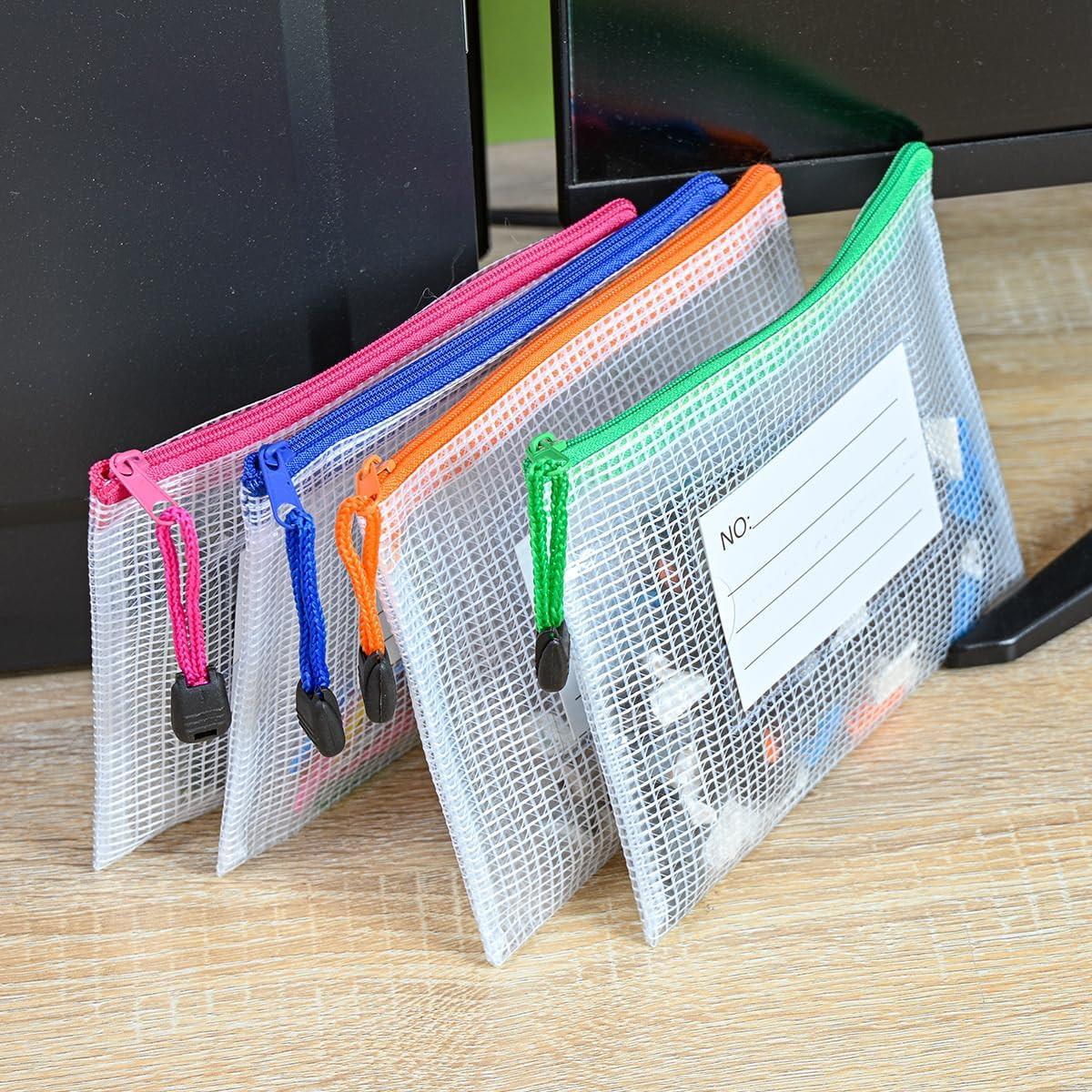 Plastic Mesh Zipper Pouch, 12Pcs Zipper File Bags with Label Pocket, Game Boards