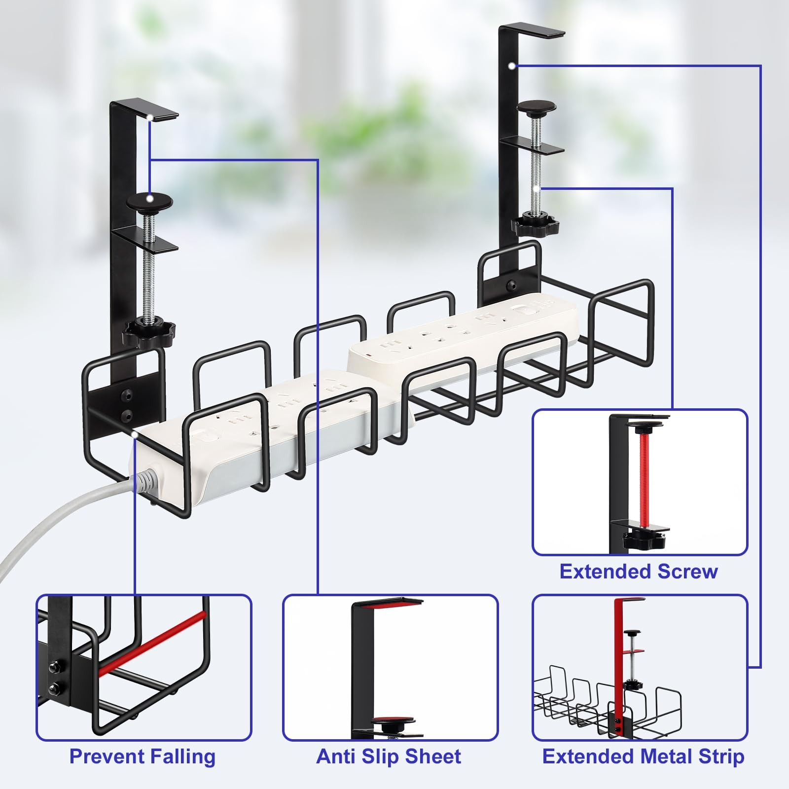 OneLeaf Under Desk Cable Management Tray – No Drill 1 Pack – Medium, Black