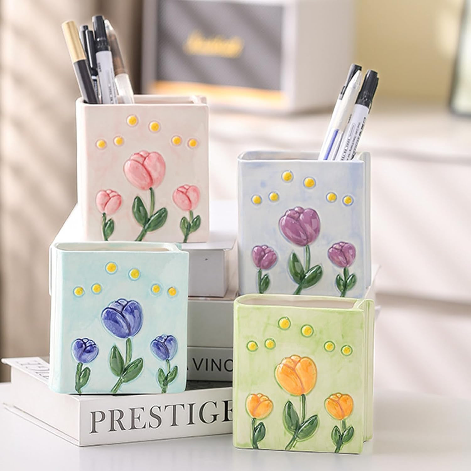 Book Vase Tulip Pencil Cup Pen Holder for Office Desk Decorative Books Pink Flow